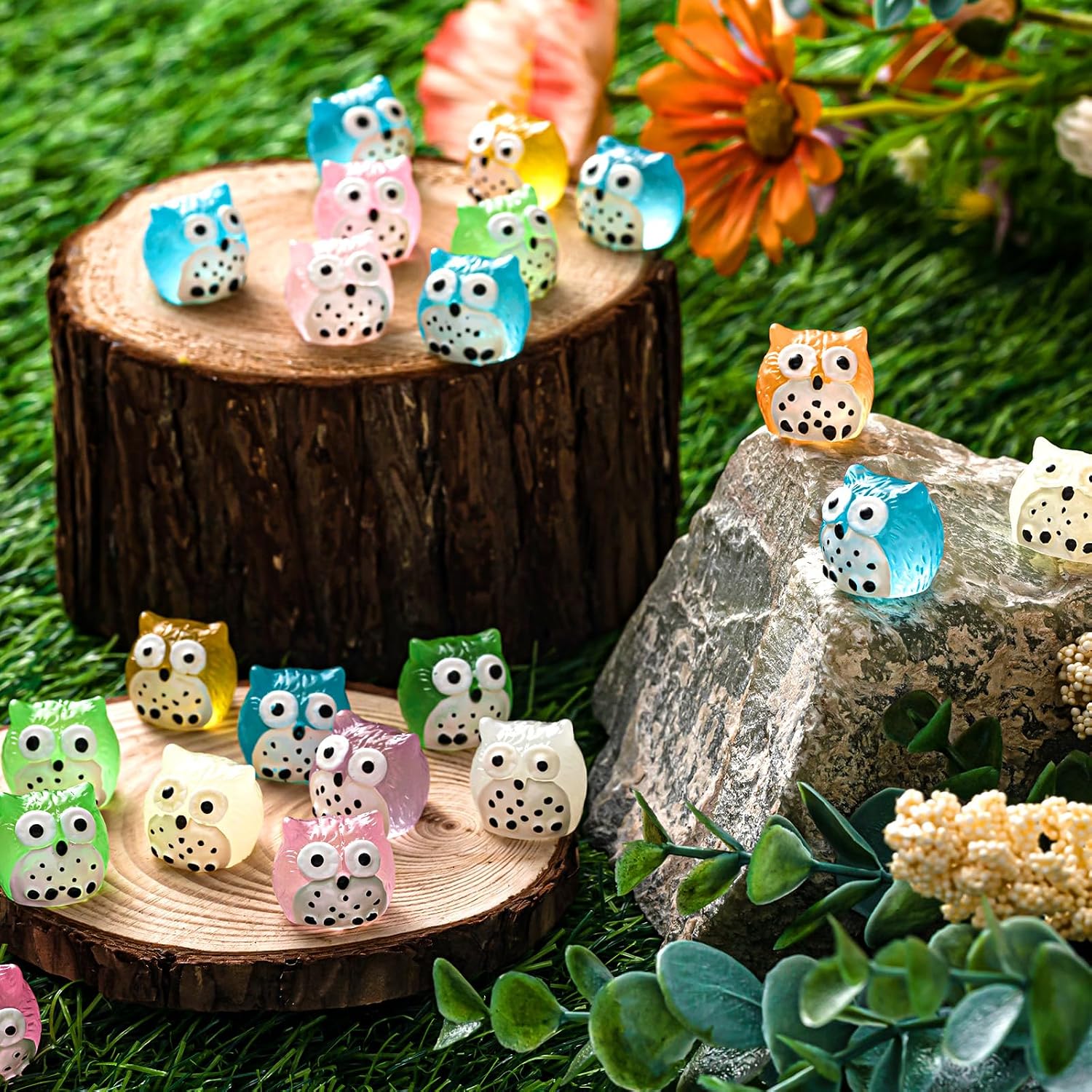 Geelin 100 Pcs Luminous Mini Resin Plastic Owls Glow in The Dark Miniature Resin Animal Figures to Hide Tiny Owls Bulk for Mini Garden Landscape Accessories, Doll House, Car, Potted Plant Decor