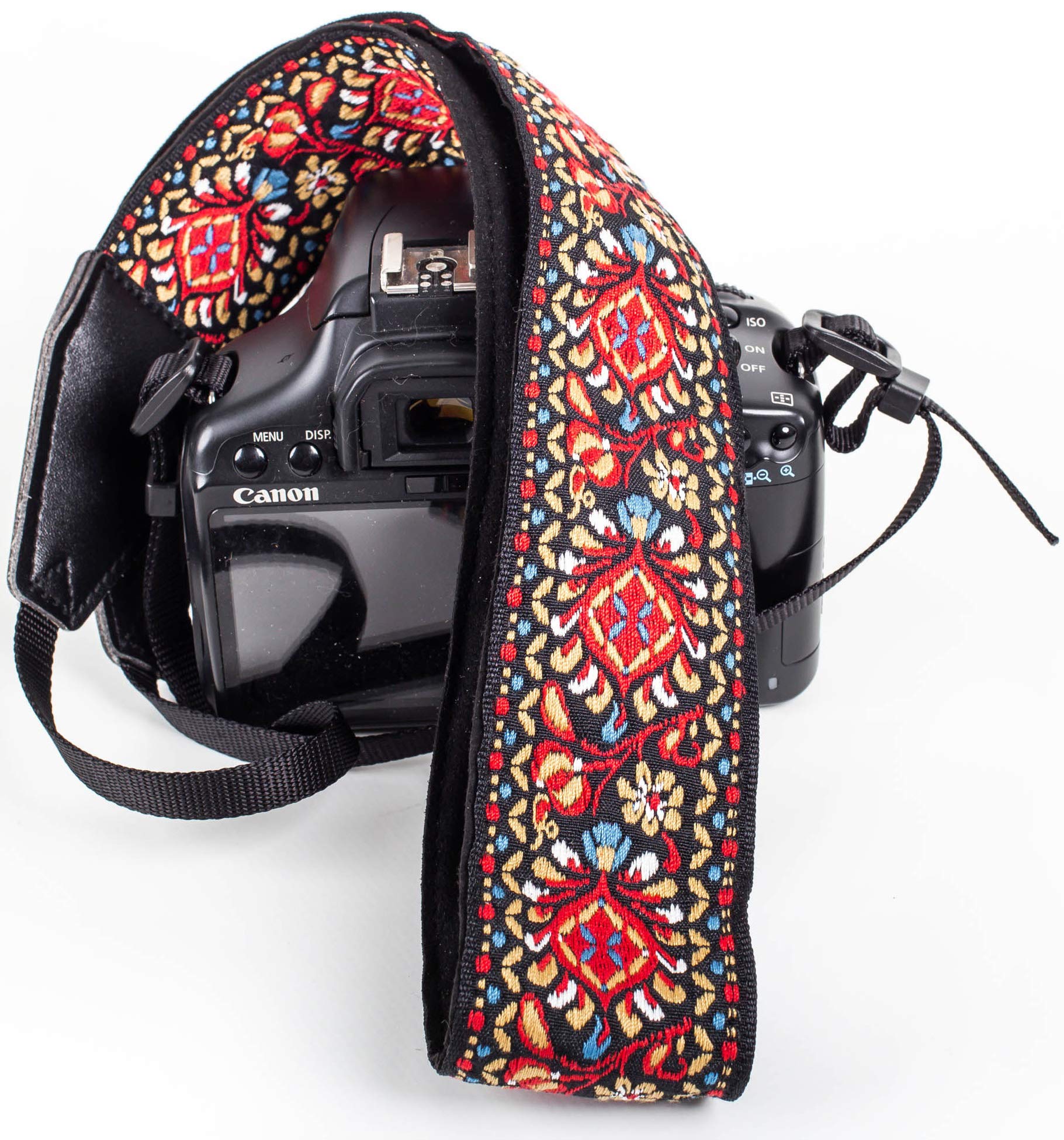 Art Tribute Red Vintage Camera Strap Belt - Multi-Coloured Floral DSLR Camera Strap, Adjustable, Digital, Vintage, Neck, Cotton, Buckle, BODY STRAP for Canon, Nikon, Sony, Fujifilm, and Digital Camera