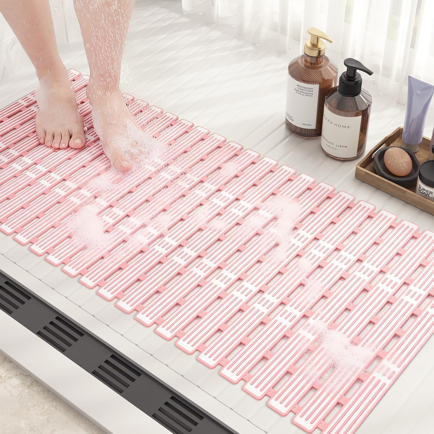Onihan Shower Mat Non Slip Anti Mould,Bath Mat Non Slip for Shower Bath,Nonslip Bathmat for DIY Cut,Machine Washable,Shower for the Elderly and Children (Pink, 90 x 40 cm (Rectangular))