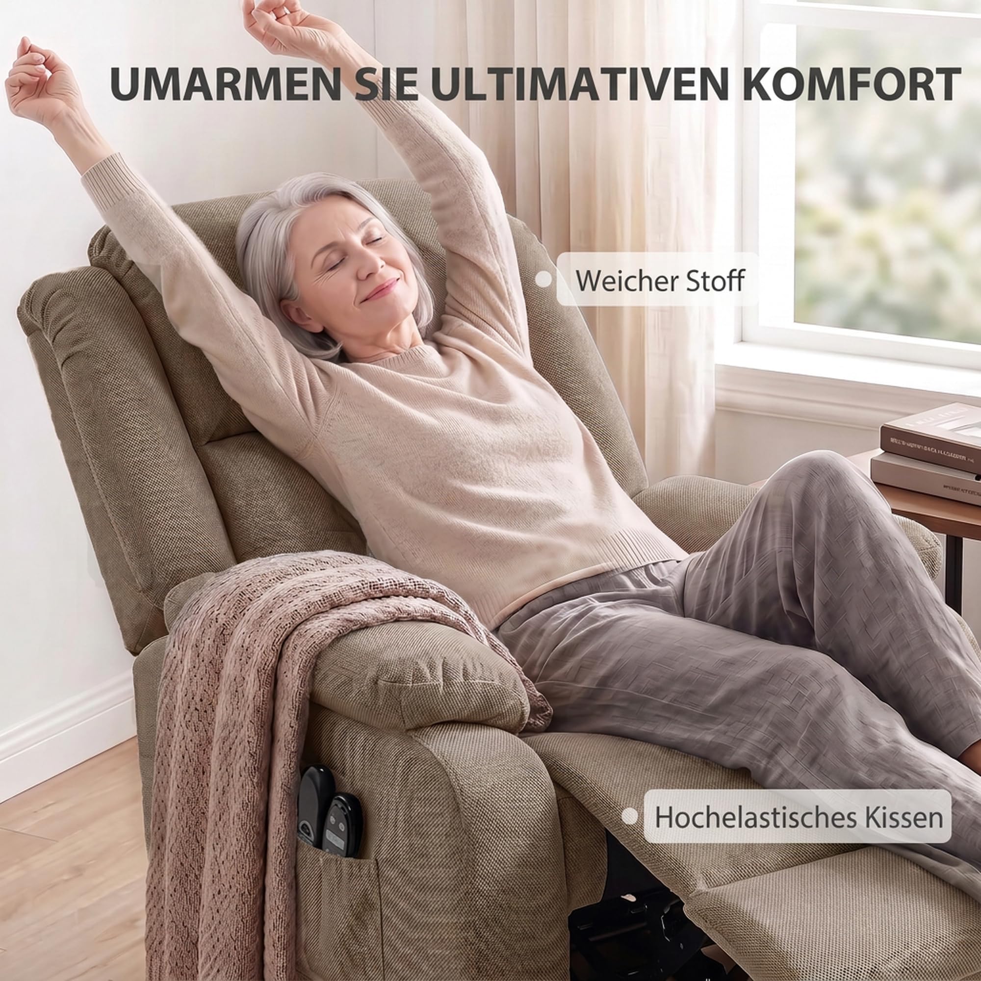 HOMCOM Fotel z pionizacją i masażem, elektrycznie rozkładany, z ogrzewaniem, USB, jasny brąz