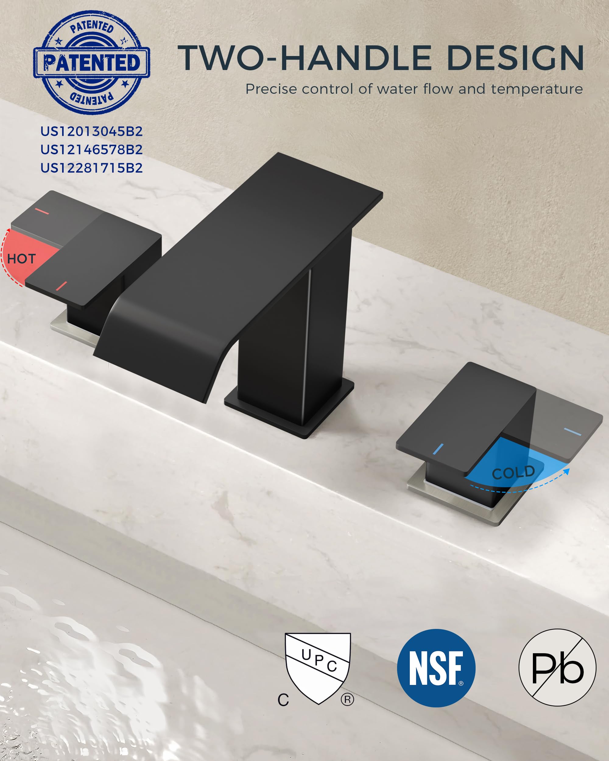 QHQQXN Weitverbreiteter Waschbecken-Wasserhahn mit 3 Löchern, gebürstetes Nickel, 2 Griffe, Wasserfall-Badezimmer-Wasserhahn mit Pop-up-Ablauf aus Metall und 24-Zoll-Warm- und Kaltwasserschläuchen,
