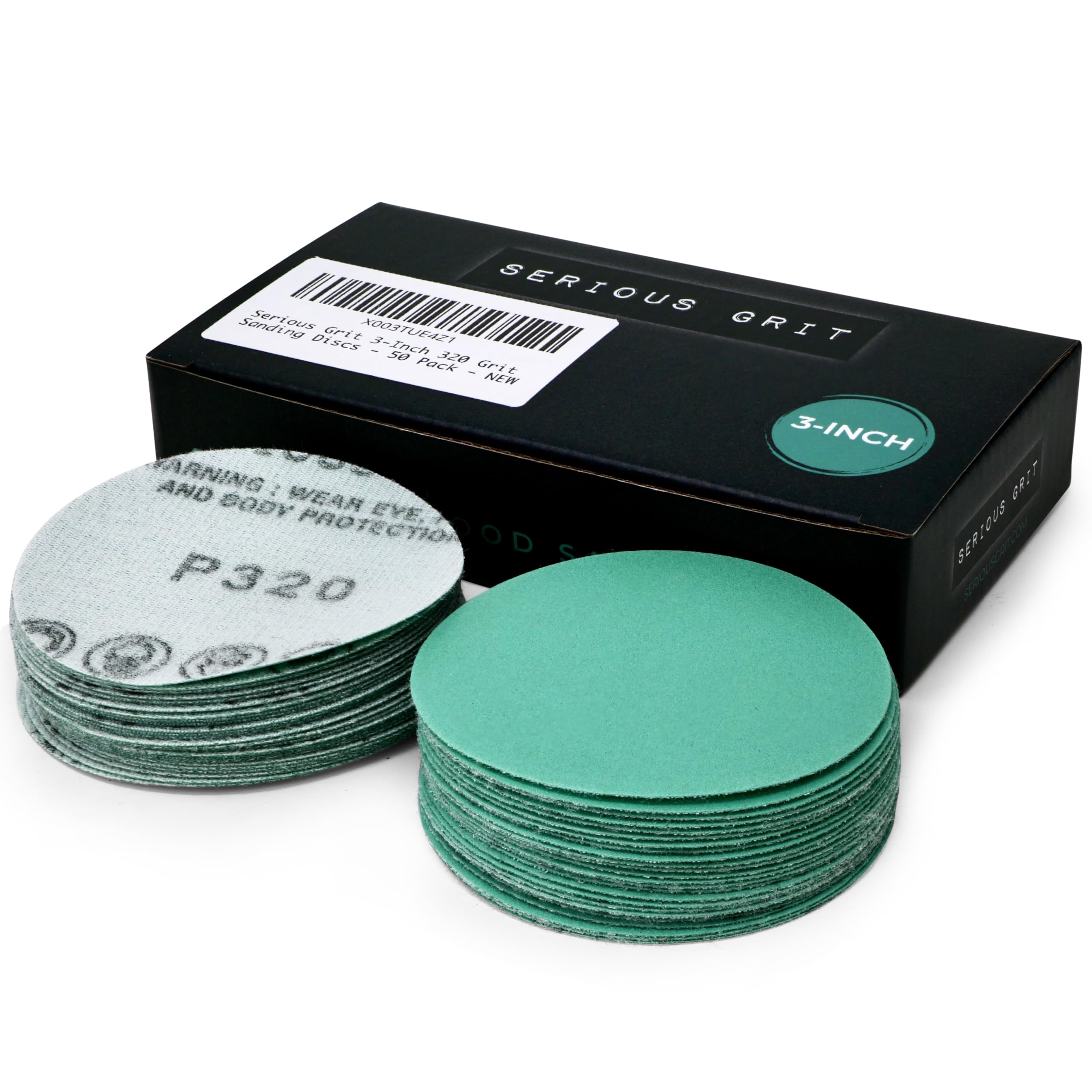 Serious Grit 3-Inch 320 Grit Aluminum Oxide Sanding Discs - Heavy-Duty Hook & Loop Film Discs - White - Compatible with 3-inch Hook and Loop Sanding