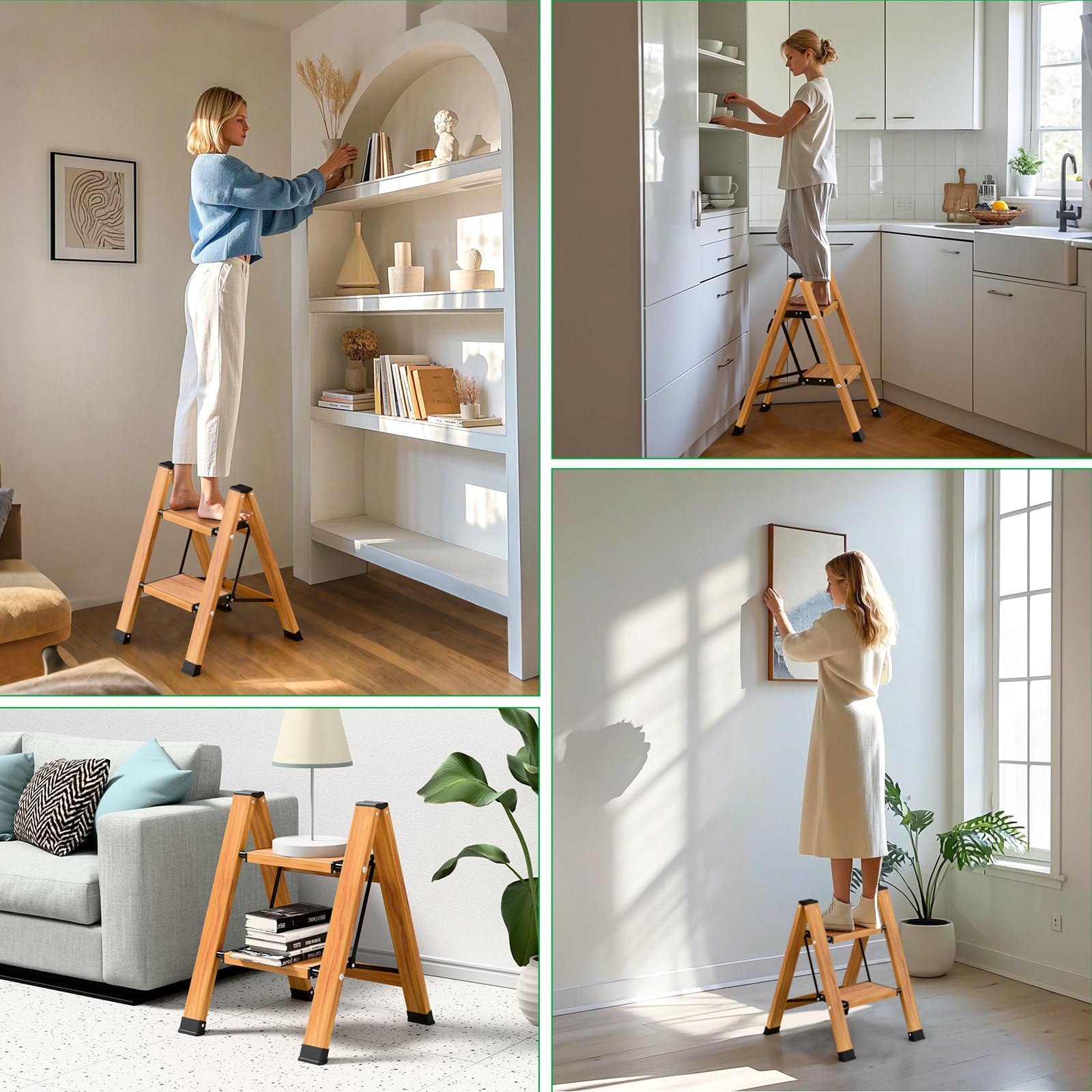 Escalera plegable de aluminio de 2 peldaños, antideslizante, escalera multifunción portátil con diseño de vetas de madera, soporta hasta 150 kg para cocina, baño y camping