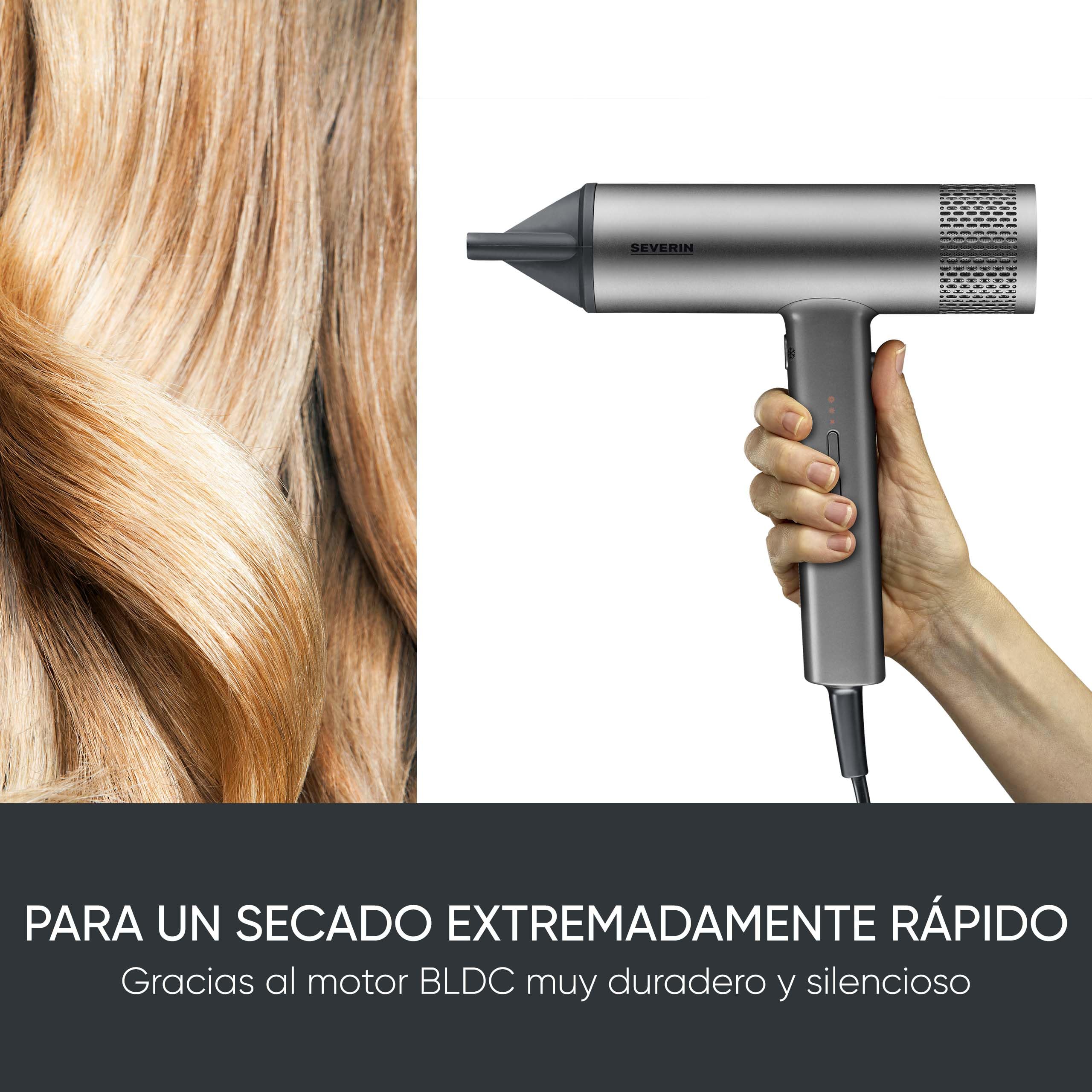 SEVERIN Secador de pelo de alto rendimiento con motor BLDC y tecnología iónica, Secador de pelo con difusor magnético y concentrador, Potencia de 2.000 W, Gris, HT 0169