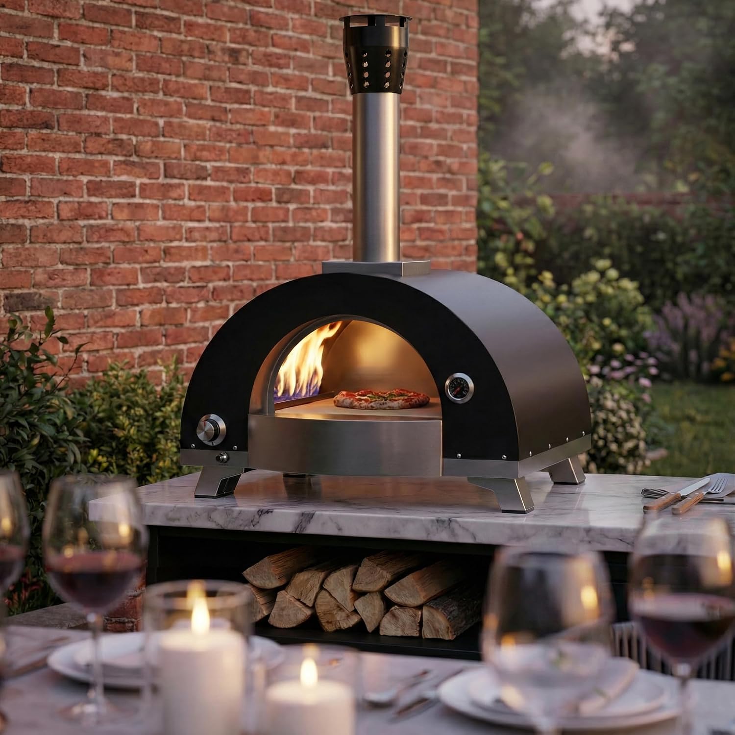 Empava Professional Gas & Wood Fired Pizza Oven Outdoor with Regulator & Thermometer, Battery Ignition, Artisan Cooking Grill with Accessories, 46000 BTU
