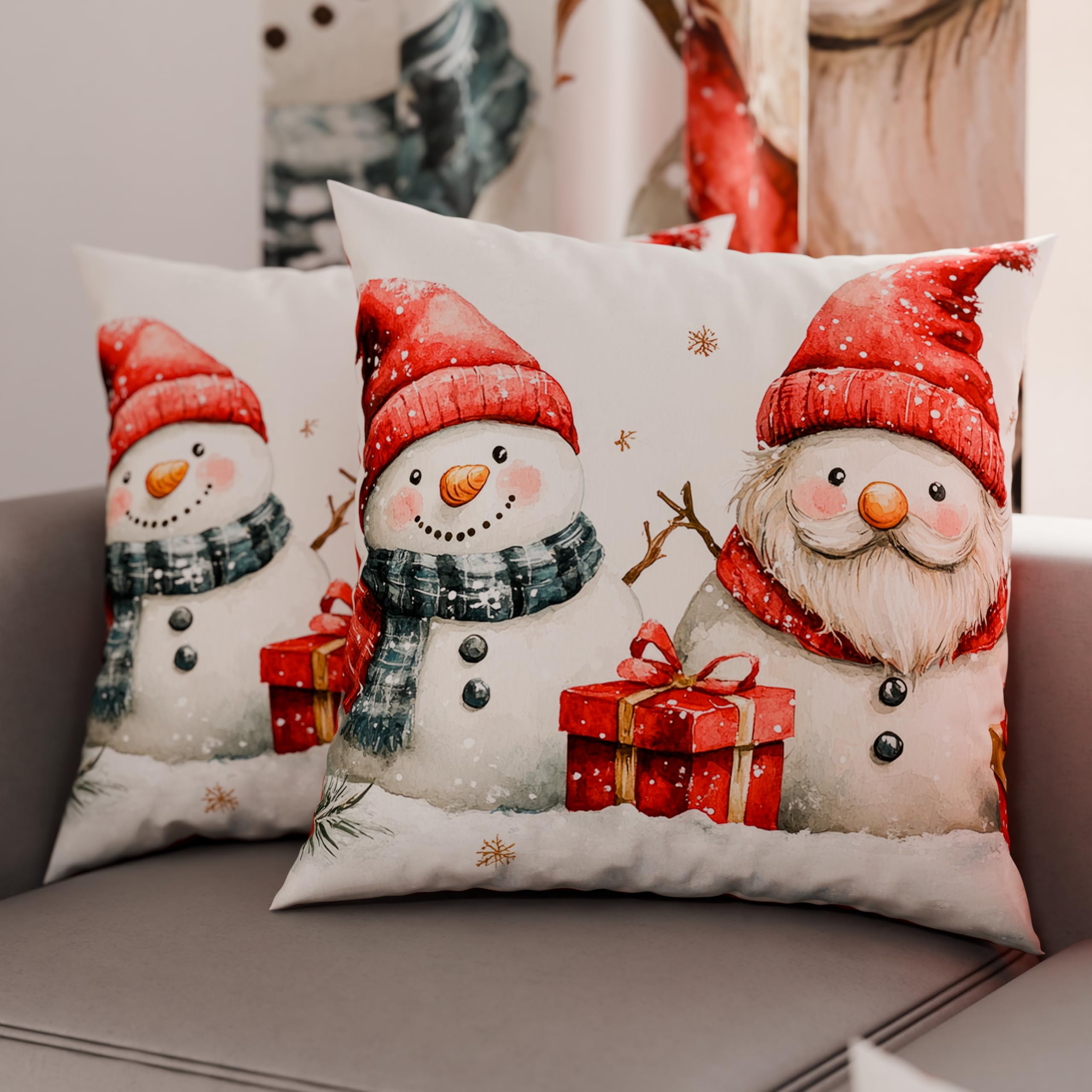 Petti Artisans Italiens - Paire de Housses de Coussin en Microfibre 60x60 cm, Coussins Décoratifs Noël pour Chambre, Canapé, Salon, Lot de 2 Housses de Coussin, Housse de Coussin Bonhomme de Neige 02