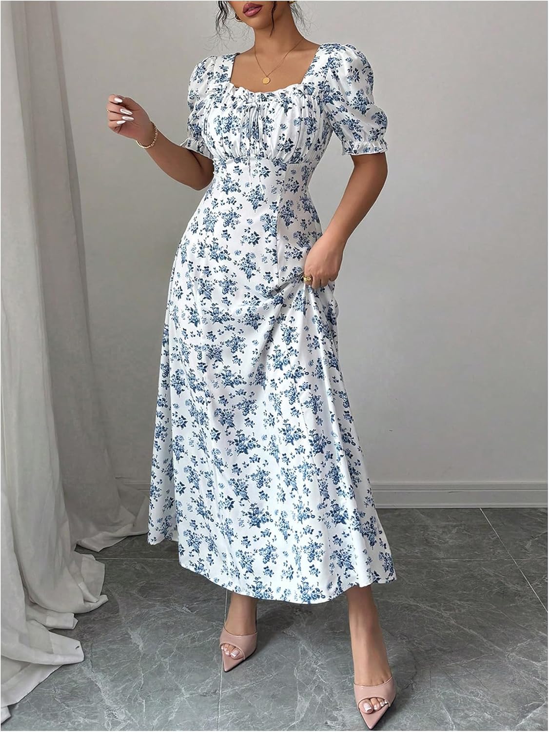 Verdusa Women's Boho Floral Flowy Maxi Dress Puff Sleeve Milkmaid Dress Ruched Bust Flared Summer Wedding Guest Dresses - Image 3