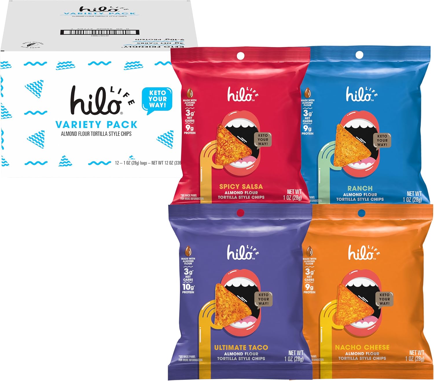 Hilo Life, Low Carb Keto Friendly Tortilla Chip Snack Bags Nacho Cheese Ranch Spicy Salsa