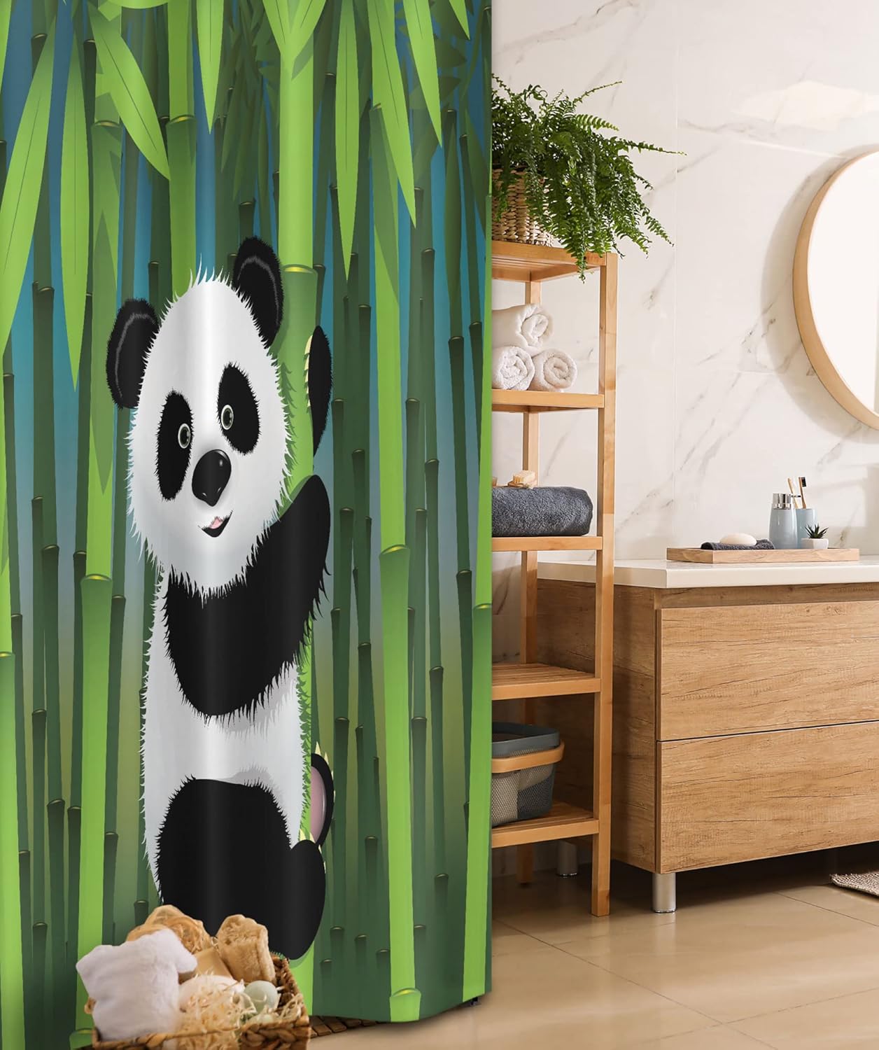 Ambesonne Cartoon Stall Shower Curtain, Curious Panda on an Exotic Branch Asian Bear Jungle Woods Illustration, Fabric Bathroom Decor Set with Hooks, 36" W x 72" L, Fern Green White Black