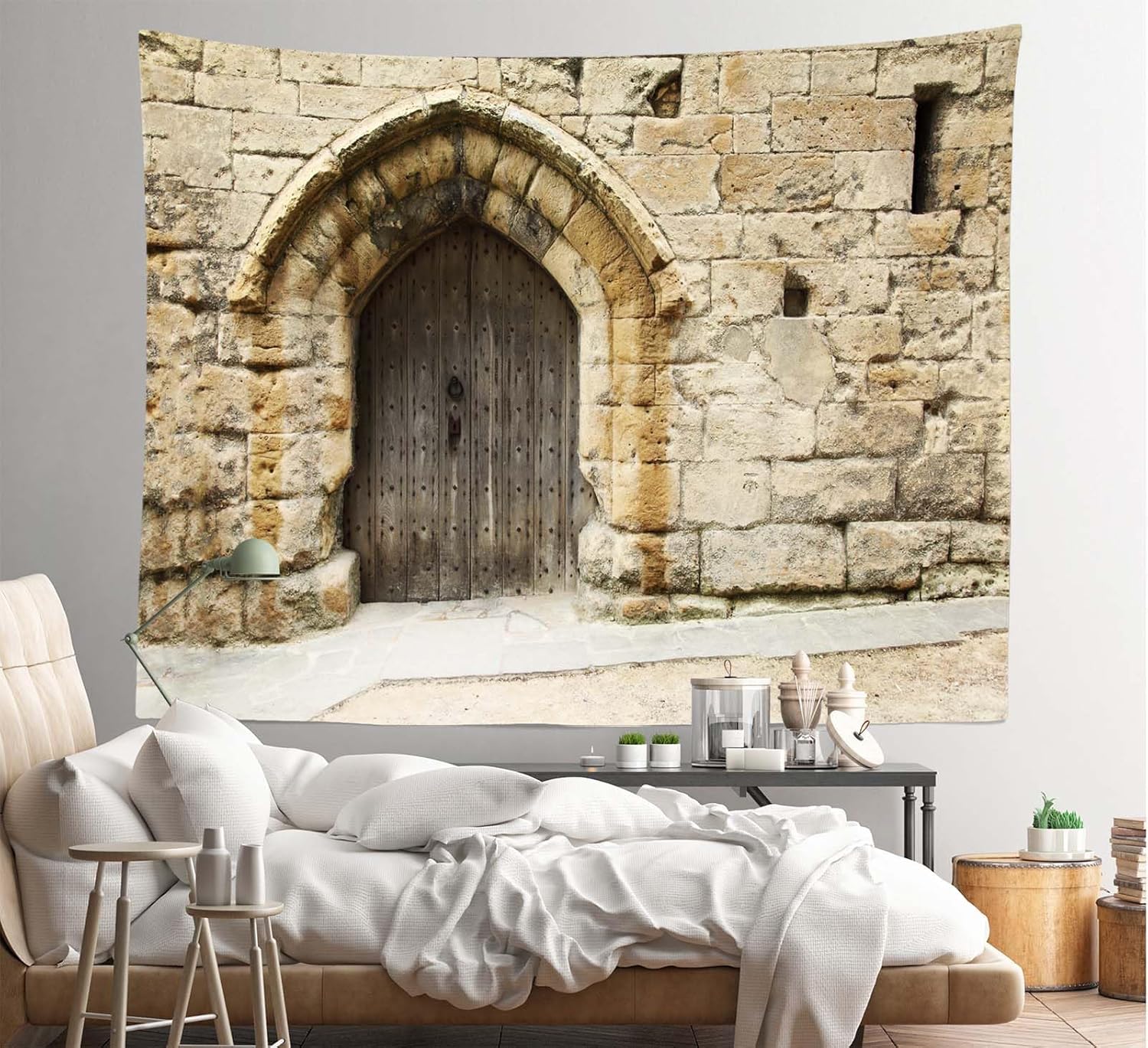 Loccor Ancient Jerusalem Stone Wall Tapestry Fabric Old City Jerusalem Street Rock Stone House with Wooden Door Tapestry Wall Hanging Party Supplies Living Room Bedroom Home Decor W144''xH118''