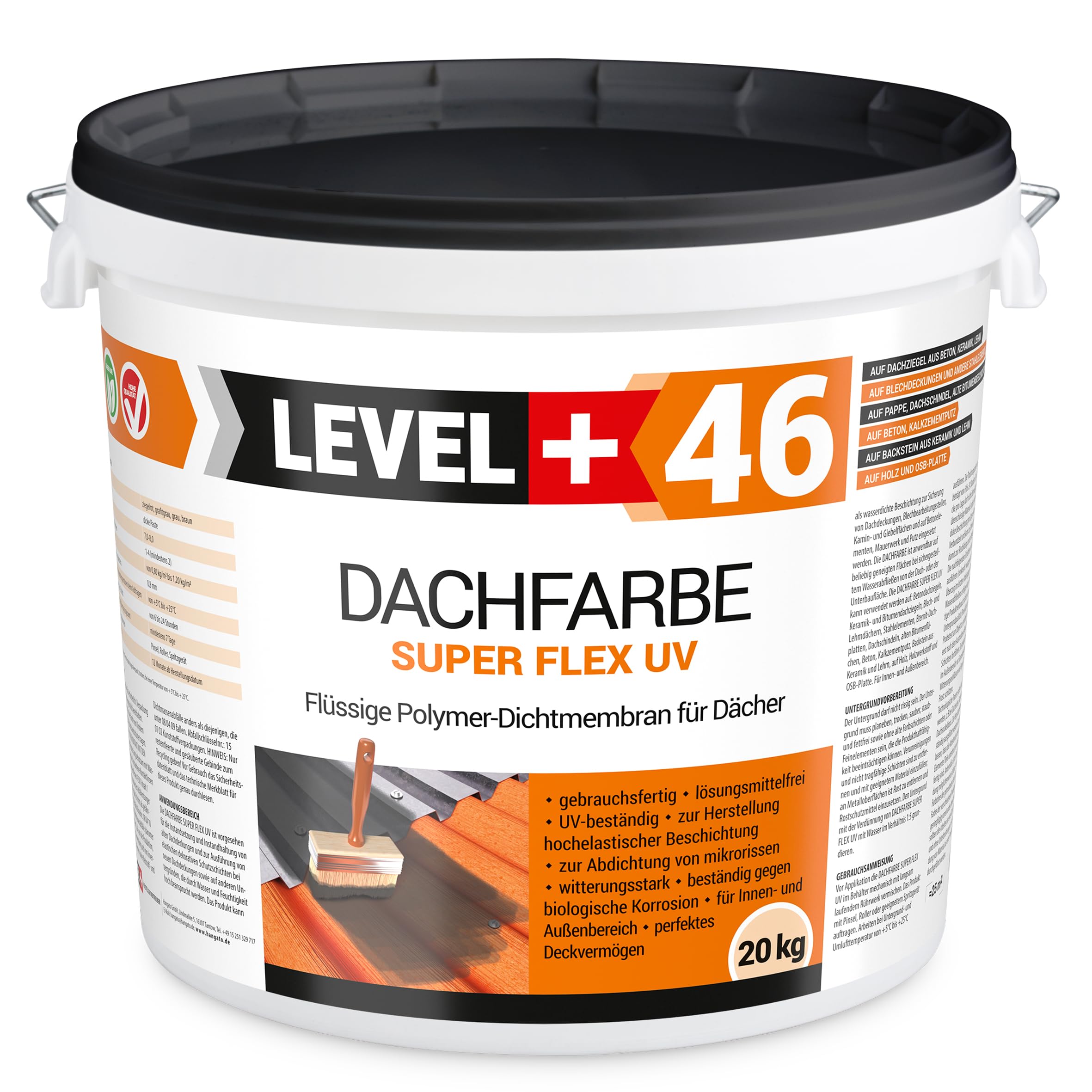 LEVEL+46 Dachfarbe 20kg Ziegelrot Sockelfarbe Dachlack | Dachsanierung flexibler Polymermembran hochdeckend wetterbeständig Ziegelrot RM46