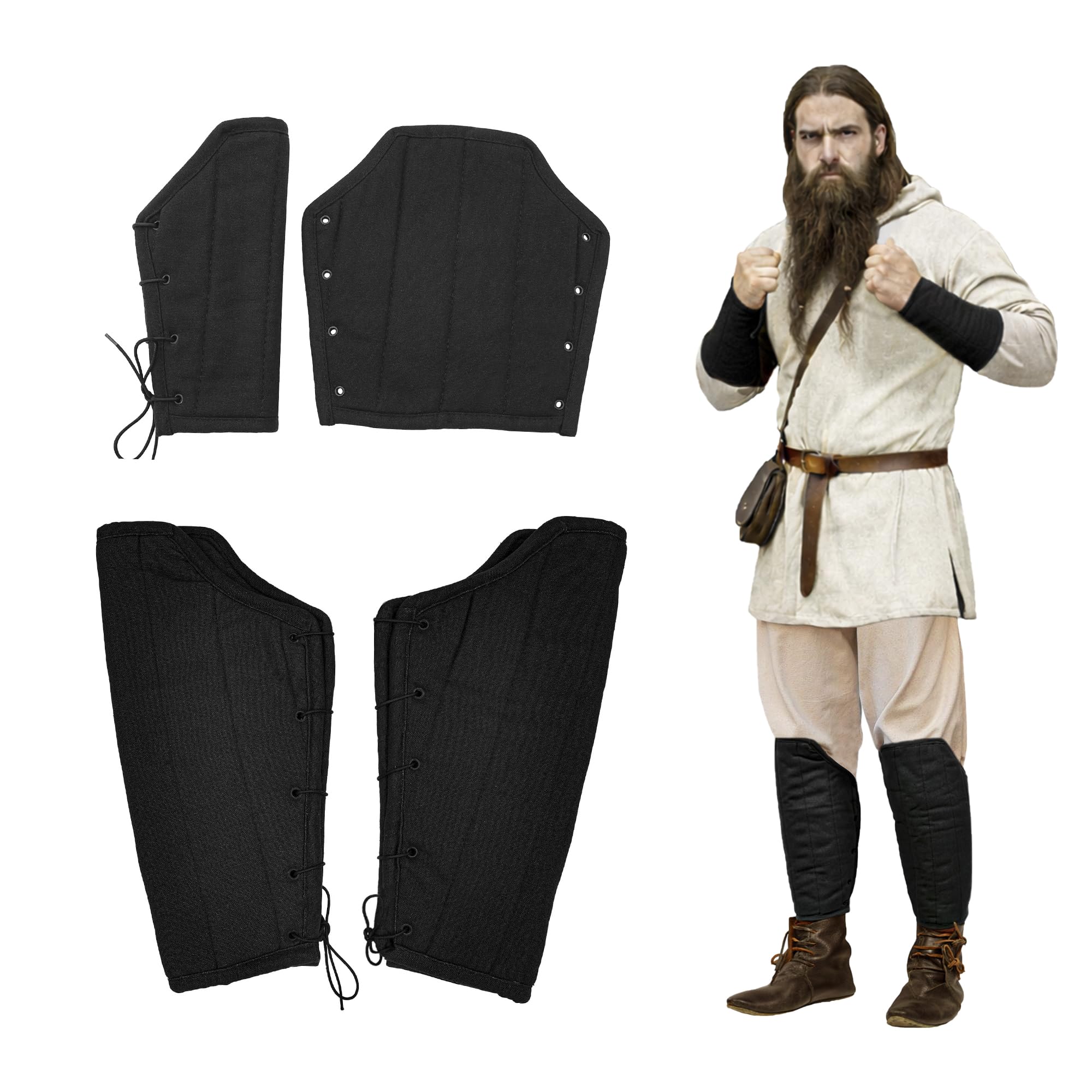 Lord Of Battles Unisex Pack Of Greaves With Bracers Medieval Bracers Padded Arm Guard Knight Bracers With Fabric Strings Closure, Perfect For Larp, Renfair (Pack Of Greaves With Bracers)