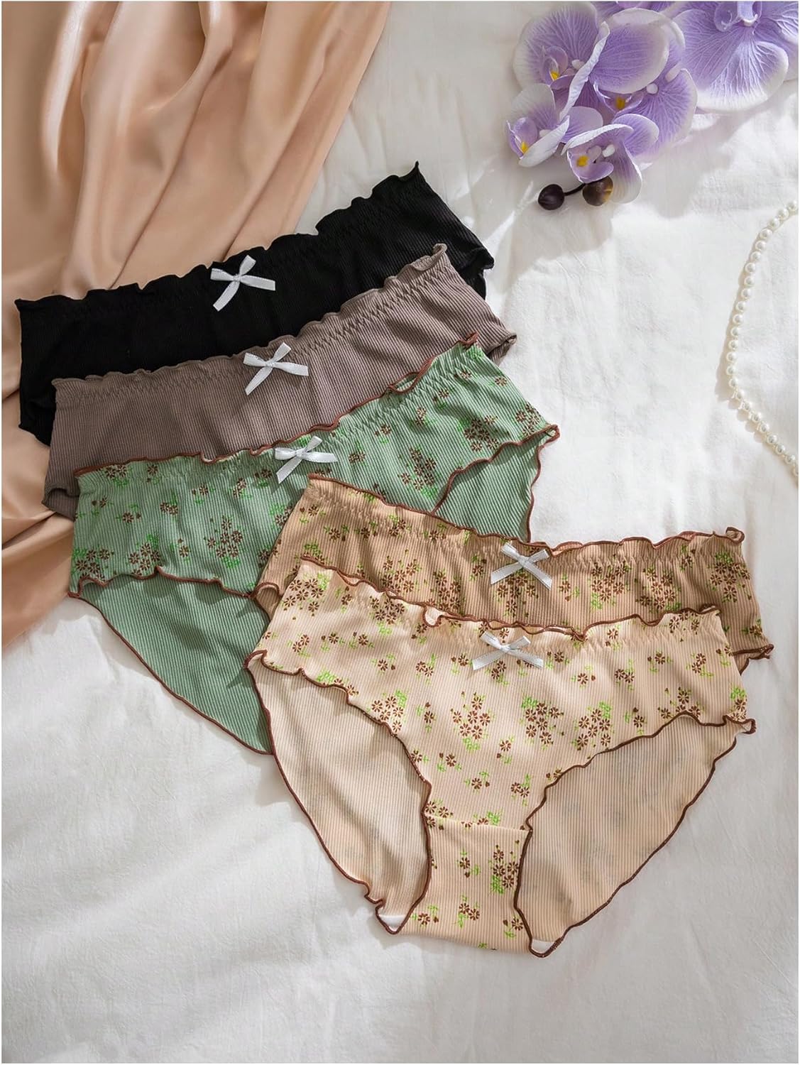 MakeMeChic Women's 5 Pack Briefs Underwear Floral Bow Knot Rib Knitted Lettuce Trim Panties - Image 3