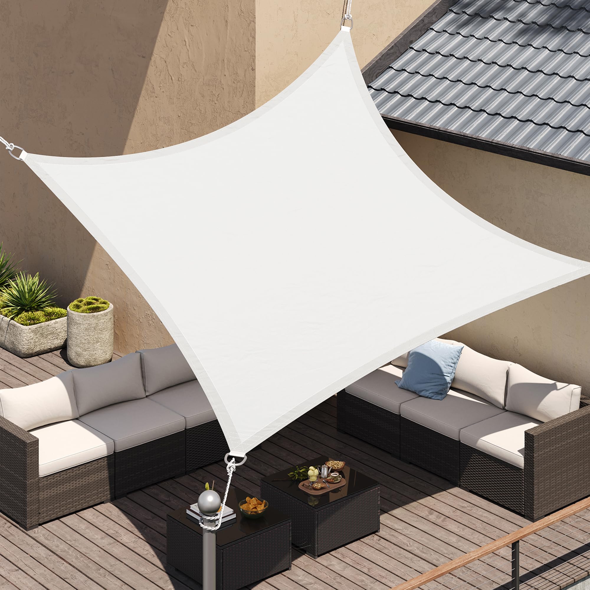 SONGMICS Sonnensegel 3 x 3 m, wasserdicht, 665 mm Wassersäule, Sonnenschutz aus reißfestem Polyester, 93% UV-Schutz, Terrasse, Garten, Balkon, quadratisch, 2 m Seile, Weiß