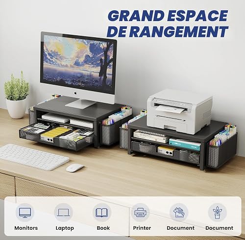 BOKIOVIN 1 Paquet Métal Rehausseur Écran PC Bureau, Support Moniteur Bureau avec Tiroir et 2 Porte-Stylo, Organisateur de Bureau Rangement,Noir - 3