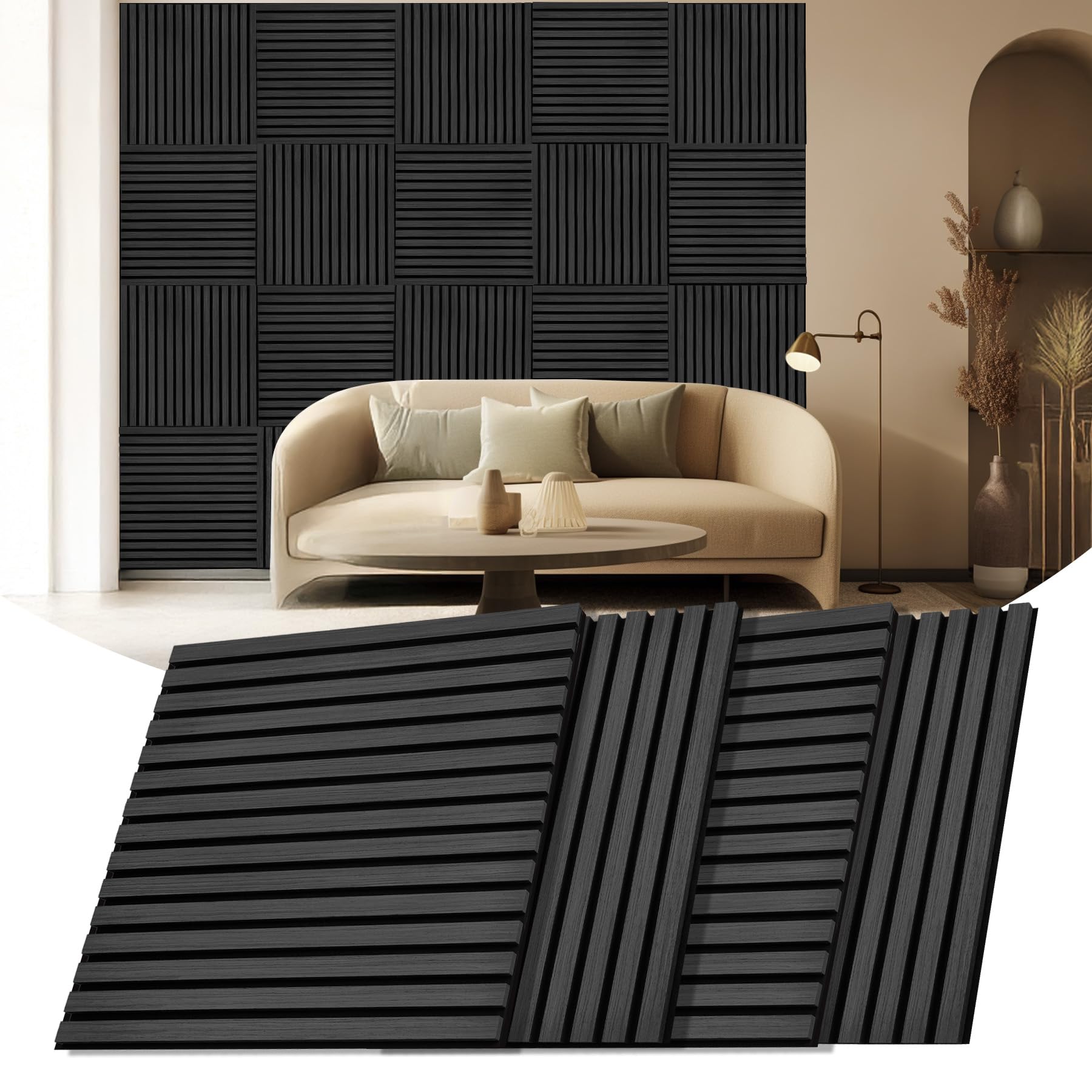 4 paneles acústicos de madera para pared, 23.6 x 23.6 pulgadas, paneles acústicos de listones de madera para pared y techo, roble negro