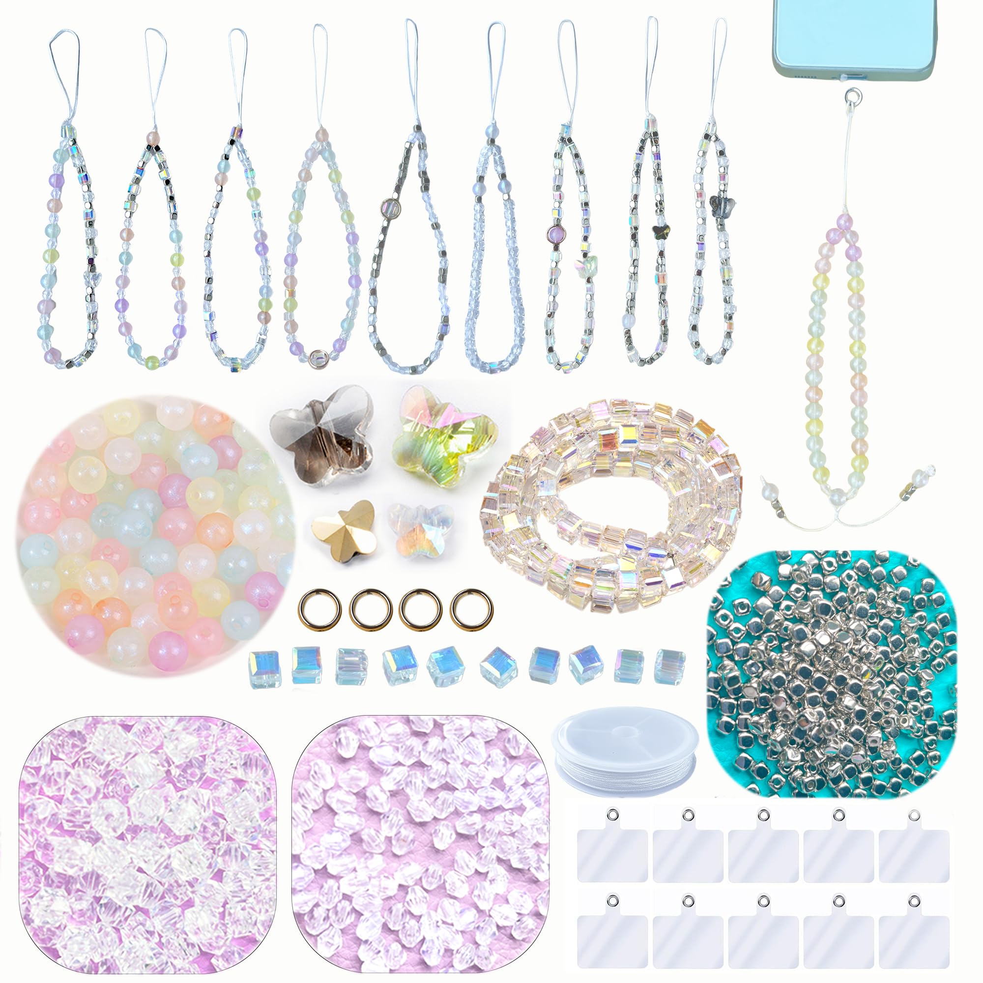 AOUXSEEM Beaded Mobile Phone Chains Making Kit, Can Make 10 Pcs Cell Phone Wrist Straps, Assorted Crystal Diamond/Butterfliy/Metal/Round Beads for Girls DIY Handmade Gifts
