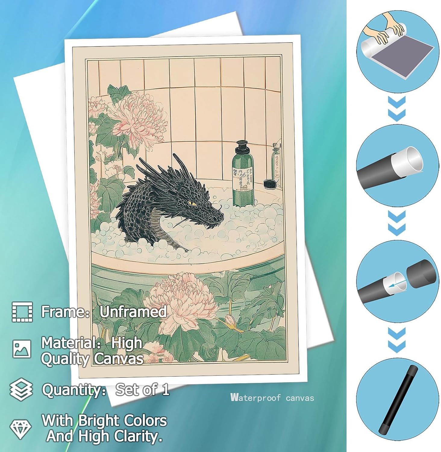 Viokalt Japanese Bathroom Black Dragon Wall Art Neutral Minimalist Mythical Dragon Canvas Posters Japan Art Aesthetic Prints Painting For Family Living Room Bedroom Wall Decor 8x12in Unframed