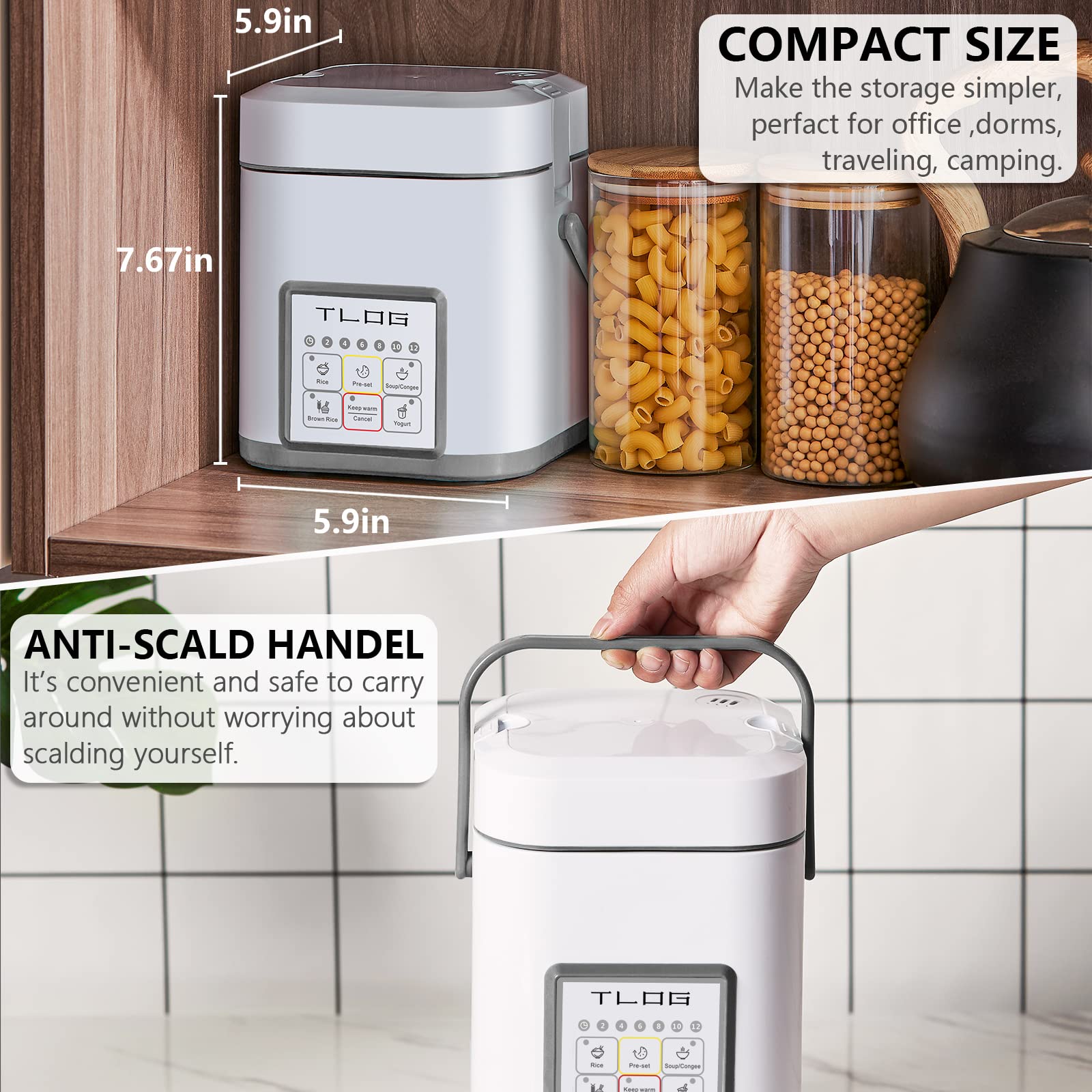 TLOG Mini Rice Cooker 2.5 Cups Uncooked, Healthy Ceramic Coating Portable Cooker, 1.2L Travel Small for 1-3 People, Personal maker, Food Steamer, 12 Hours delay timer, Multi-cooker Grains, Oats