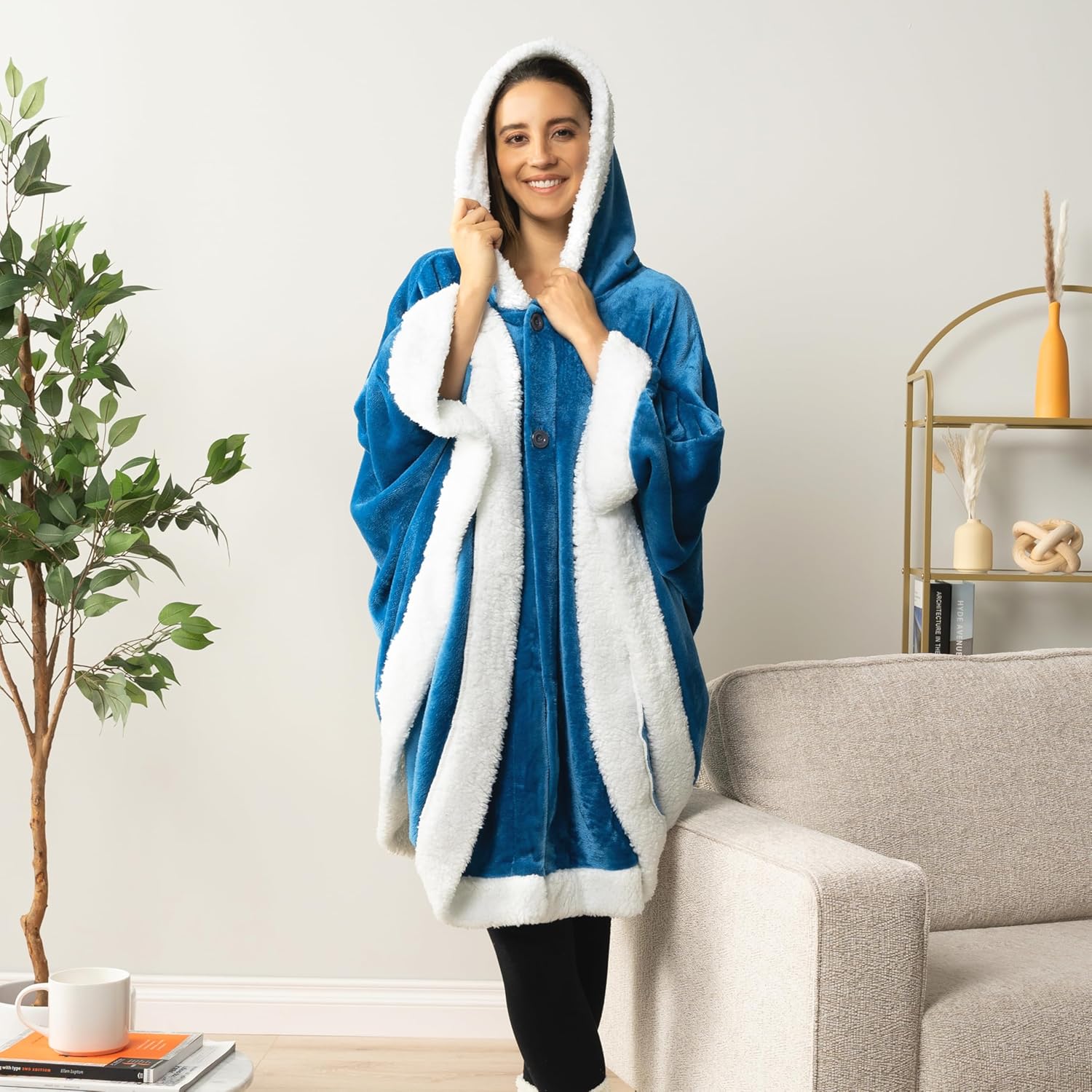 PAVILIA Wearable Blanket for Adult Women, Cozy Plush Fleece Blanket Poncho Cape with Hood, Super Soft Shawl, Angel Wrap Throw for Office, Turquoise Sea Blue - Image 8