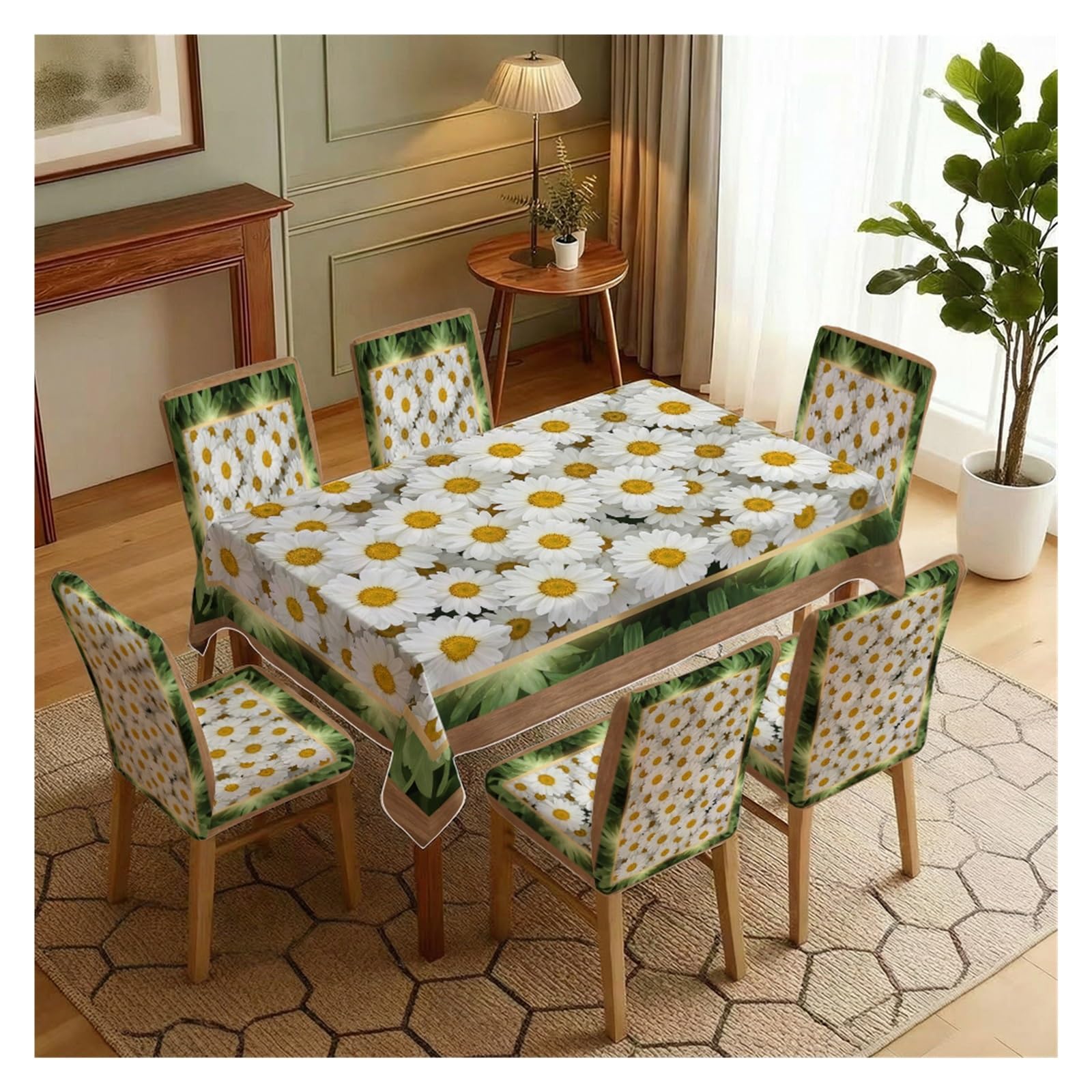 BOSUYBN Stretch Dining Chair Slipcover & Tablecloth Set, White Daisy Floral Print, 5/7 Pack, Fresh Farmhouse Kitchen Home Decor Table Setting(7pcs Set: Tablecloth+Chair Covers)
