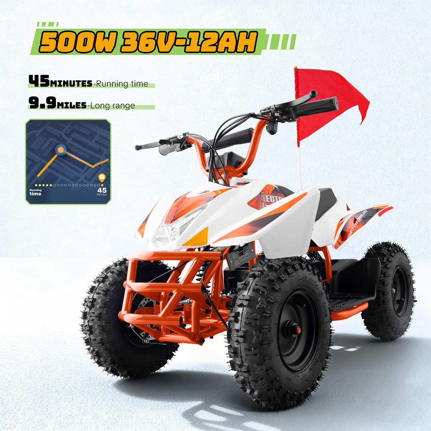 Orange ATV highlighting 500W motor, 36V-12AH battery, and range