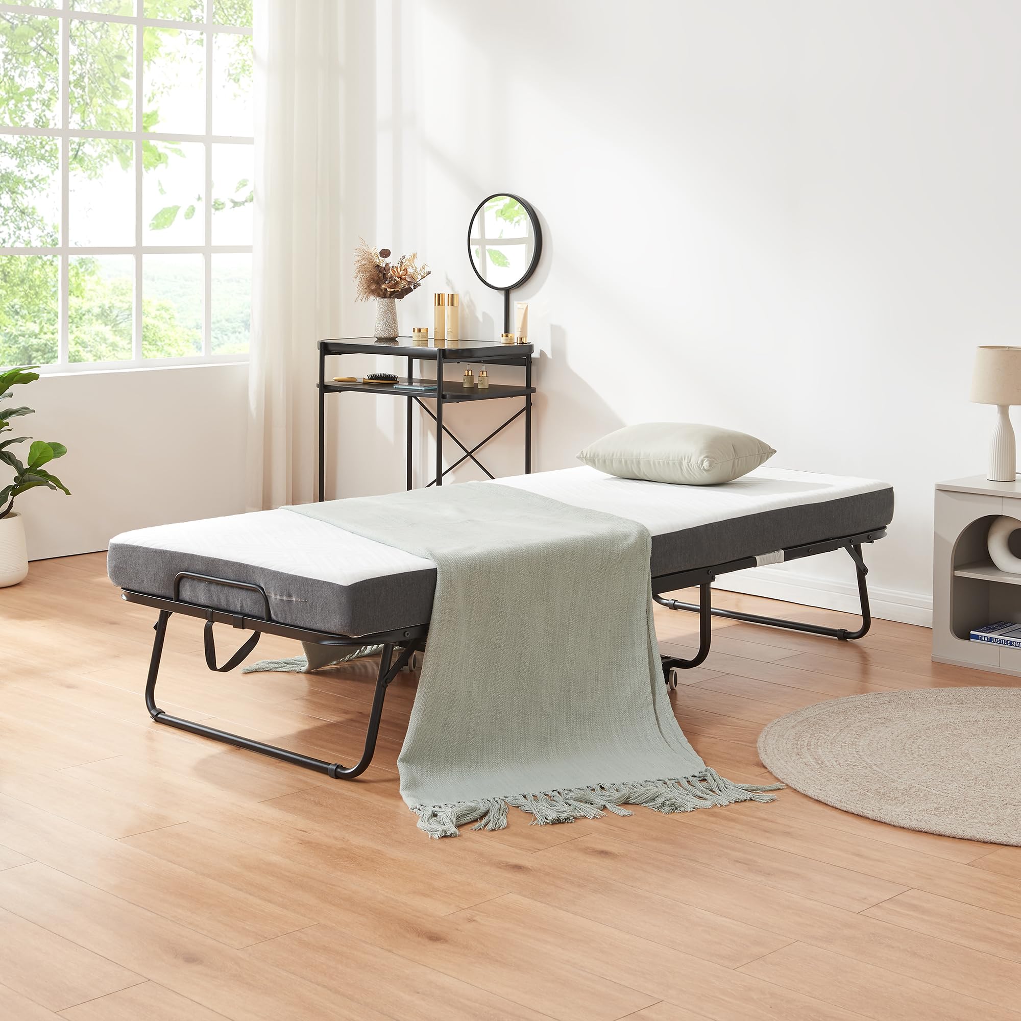 [en.casa] Letto Pieghevole con Materasso in Schiuma a Memoria 90x200 cm Brandina con Rotelle Letto Singolo Richiudibile Portatile Salvaspazio