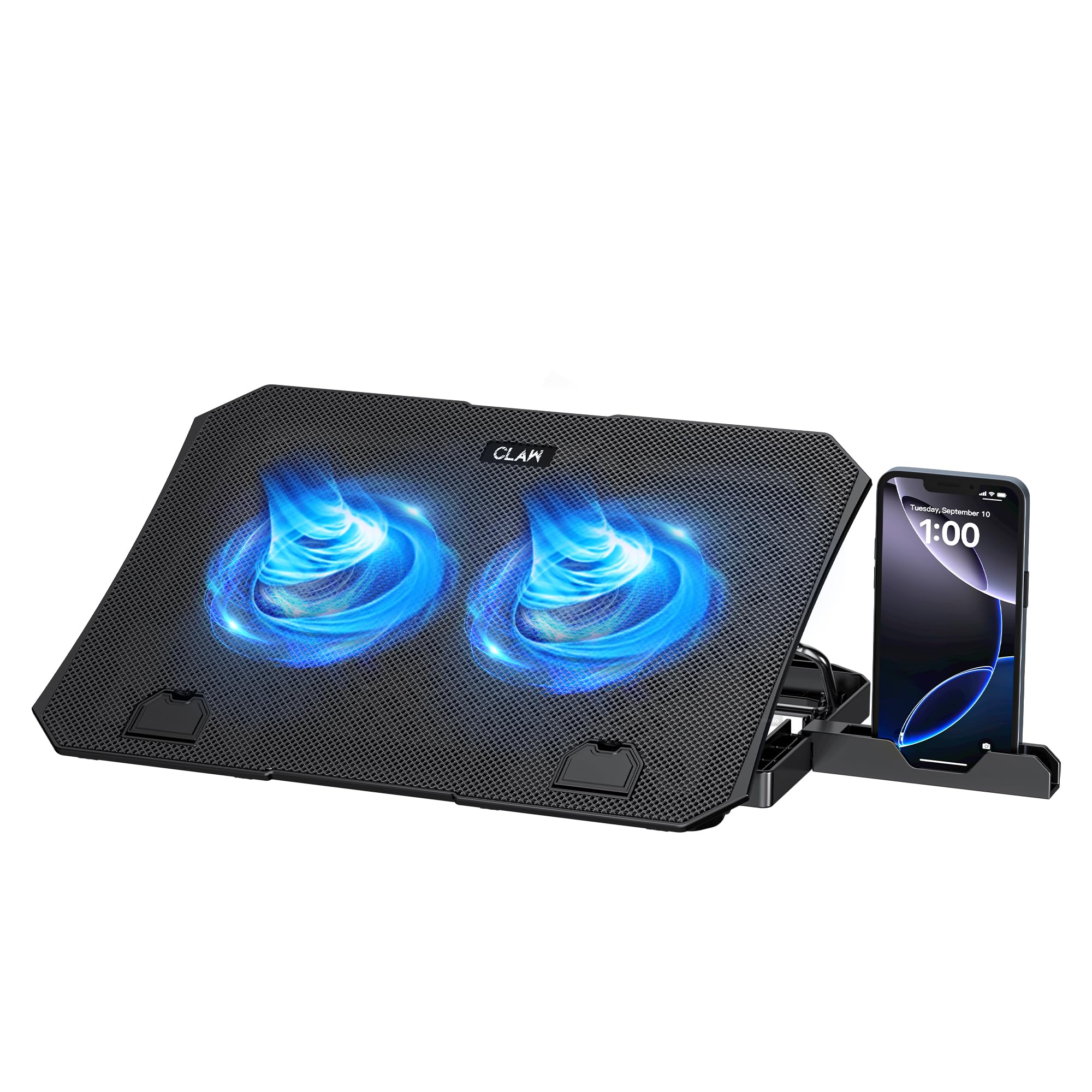 CLAW Air Pro C39 Laptop Cooling Pad with Dual 125mm Fans (1000 RPM), Mobile Stand, Anti-Slip Baffle, 5 Height Levels, 2 USB 2.0 Ports, Supports Up to 17-Inch Laptops – Black