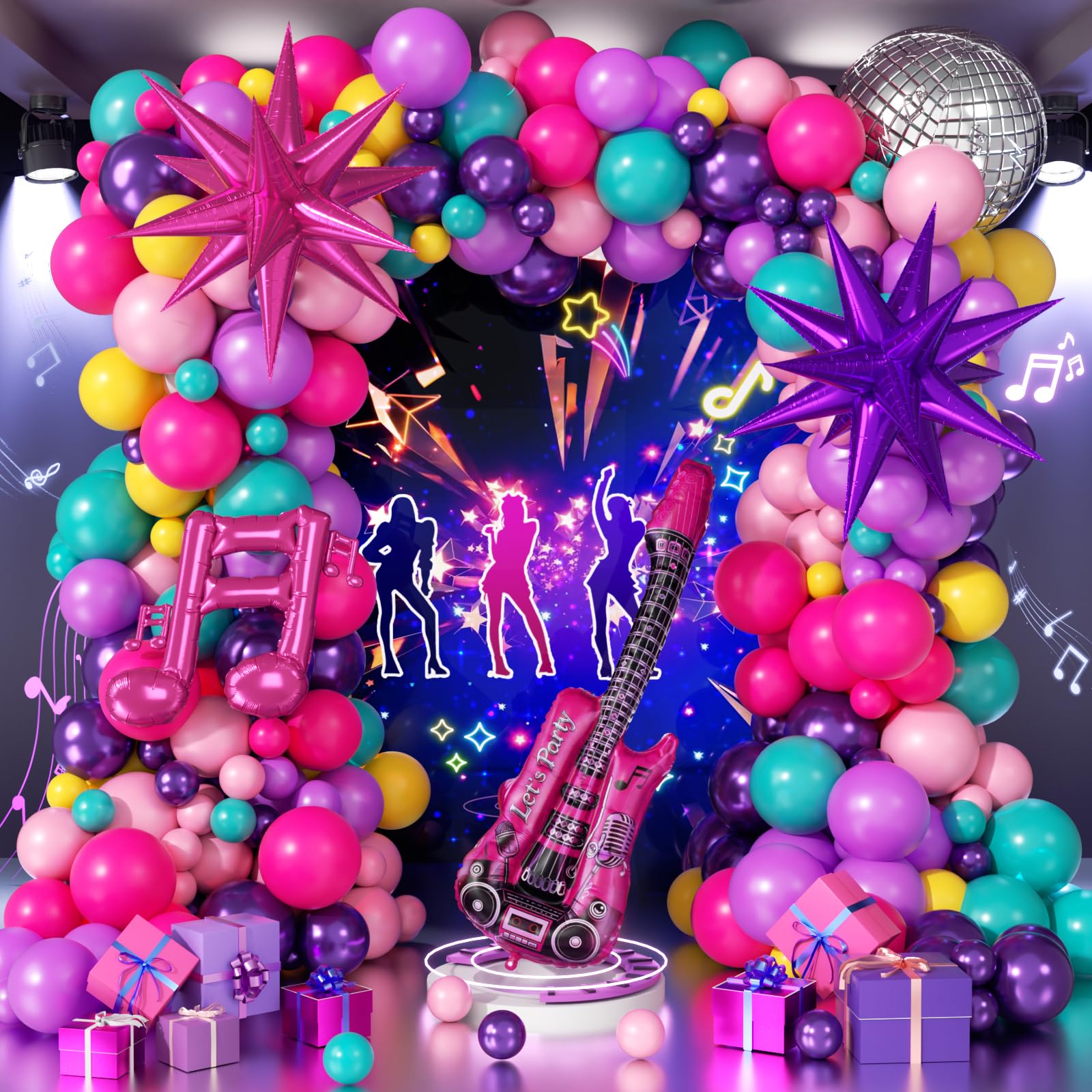 Photo 1 of 143pcs Pink and Purple Balloon Arch Kit with Hot Pink Yellow Teal Metallic Purple Foil Balloons for Birthady Party Decorations
