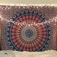 Vista 40 de Bless International - Tapiz de cama para colgar en la pared con mandala de pavo real bohemio y psicodélico (azul dorado, rosa, tamaño Queen