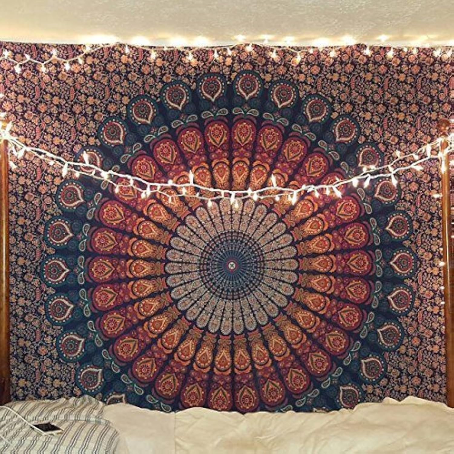 Bless International Indian hippie Bohemian Psychedelic Peacock Mandala Wall hanging Bedding Tapestry (Golden Blue, 182.88L X 137.16W cm)