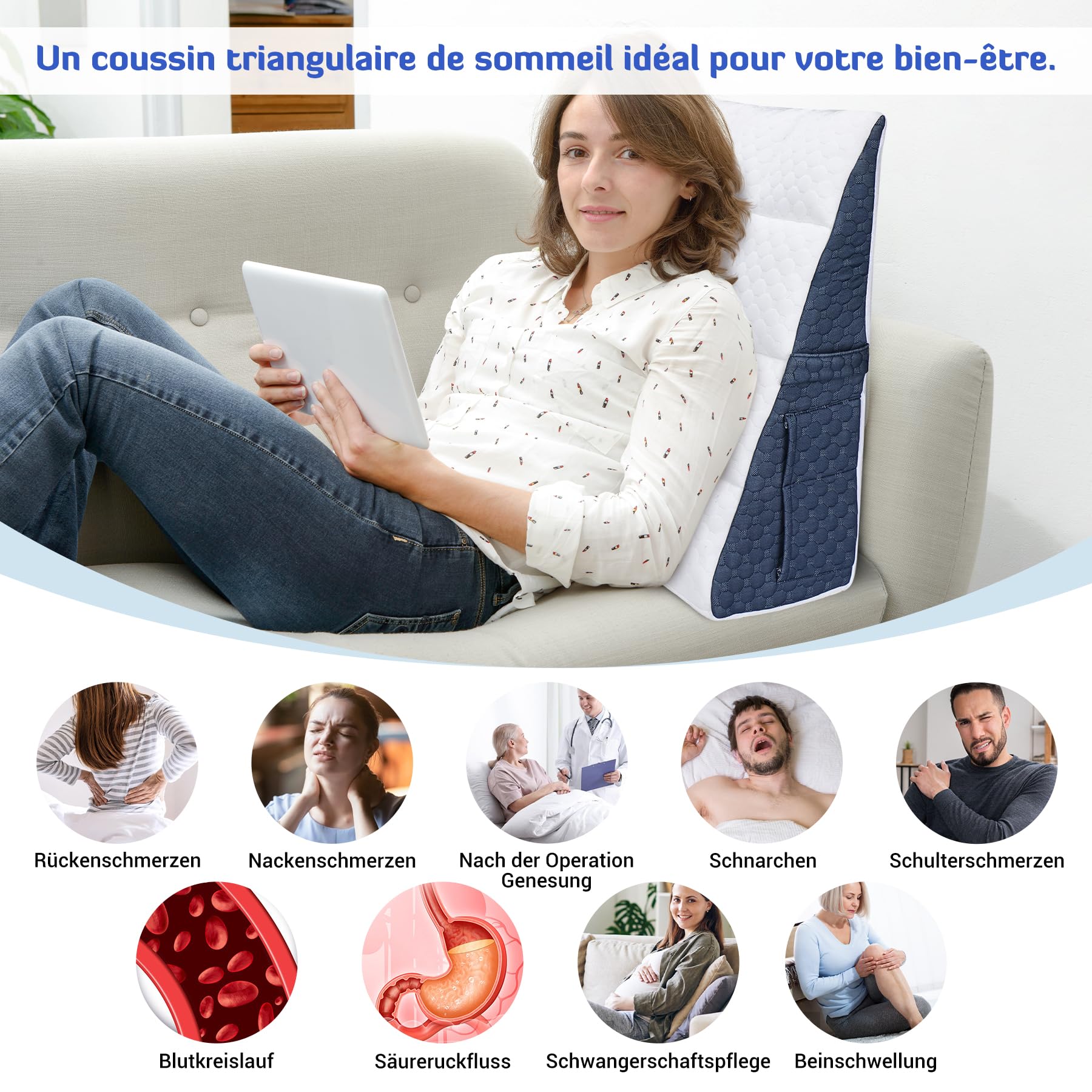 INFANZIA Vielseitig Keilkissen 21cm Erhöhung für Bett und Sofa, Dreieckskissen aus Hochdichteschaum, Ergonomischer Bettkeil für Reflux Schlafapnoe, Rückenstütze & Beinauflage für Lesen (Weißblau)