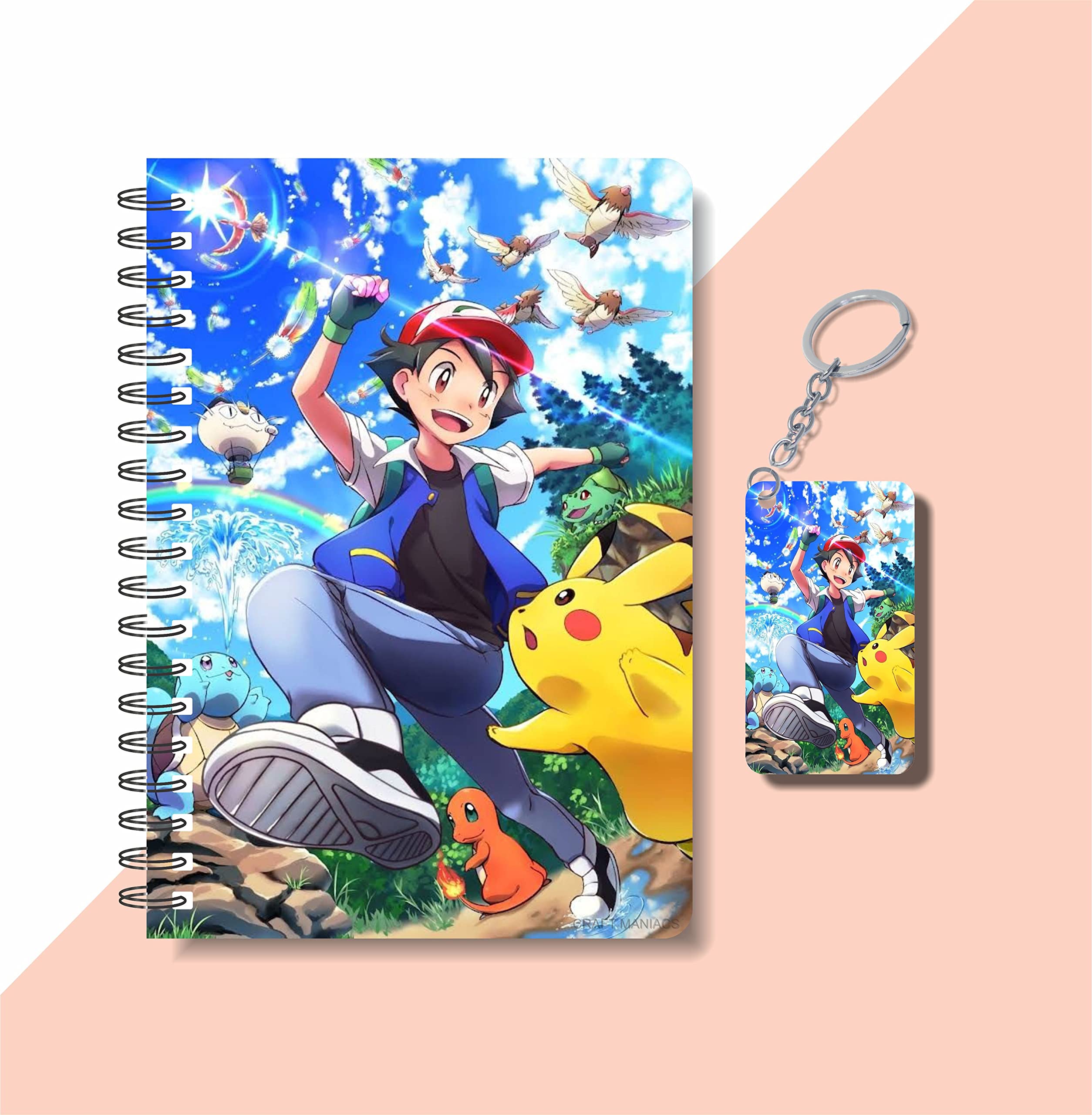 CRAFT MANIACS POKEMON ASH RUNNING WITH PIKACHU ROUND CORNER PRINTED A5 160 RULED PAGES NOTEBOOK & FREE KEYCHAIN | BEST GIFT FOR POKEMON LOVERS