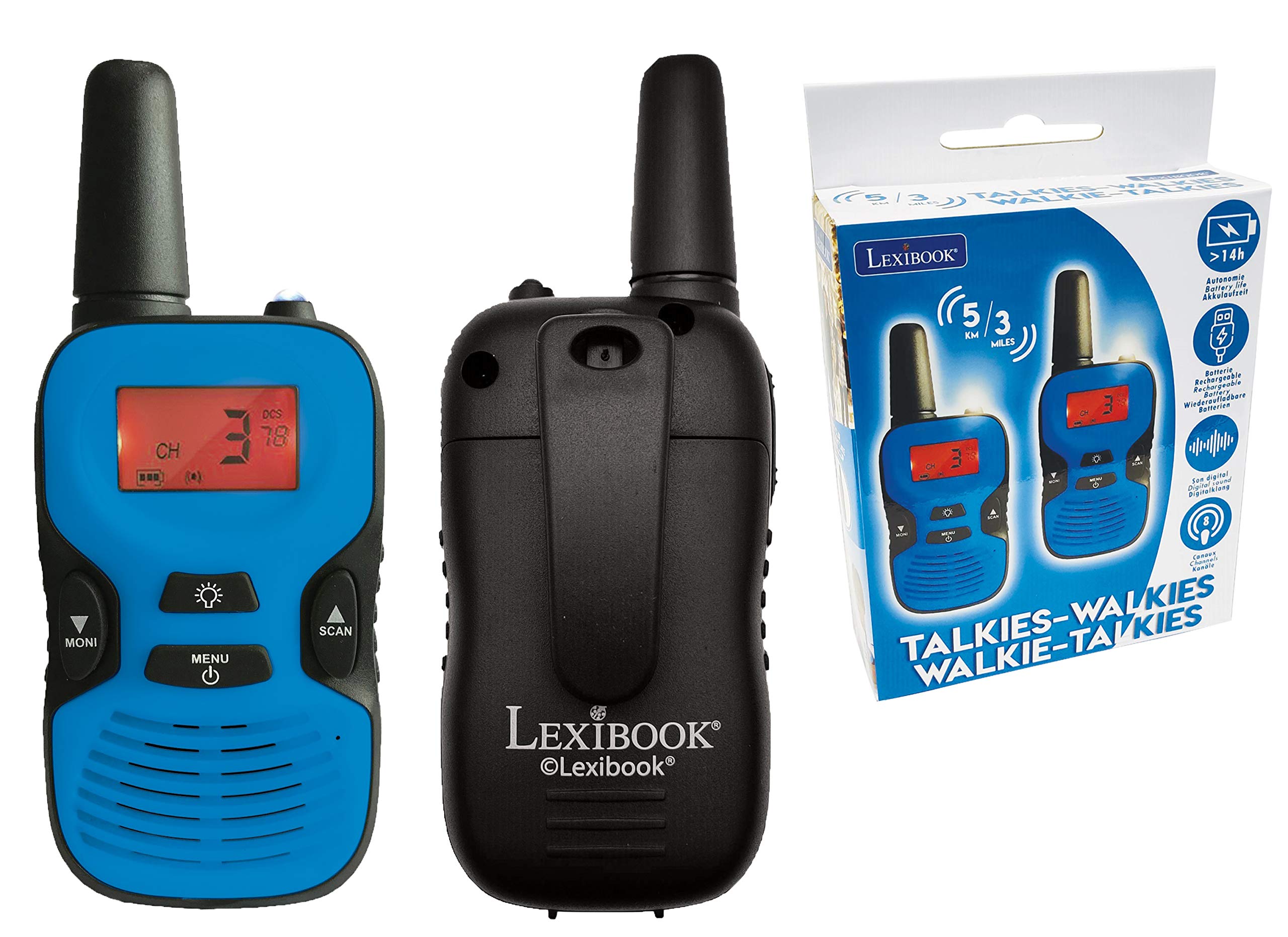 Lexibook, Walkie-Talkies, TW43 | 5km Reichweite, Wiederaufladbar, LCD-Display, Digitaler Sound, Gürtelclip, Blau/Schwarz