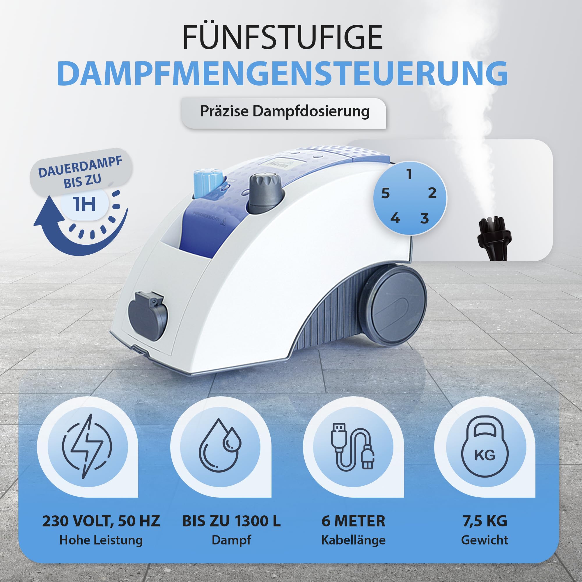 Tien® Merlin Royal Plus Dampfreiniger [Über 100 Einsatzgebiete & Chemiefrei] – Boden & Polsterreiniger mit Original Merlin-Zubehör – Dampfdruckreiniger Handgerät, Auto & Haushalt (4 bar Druck)