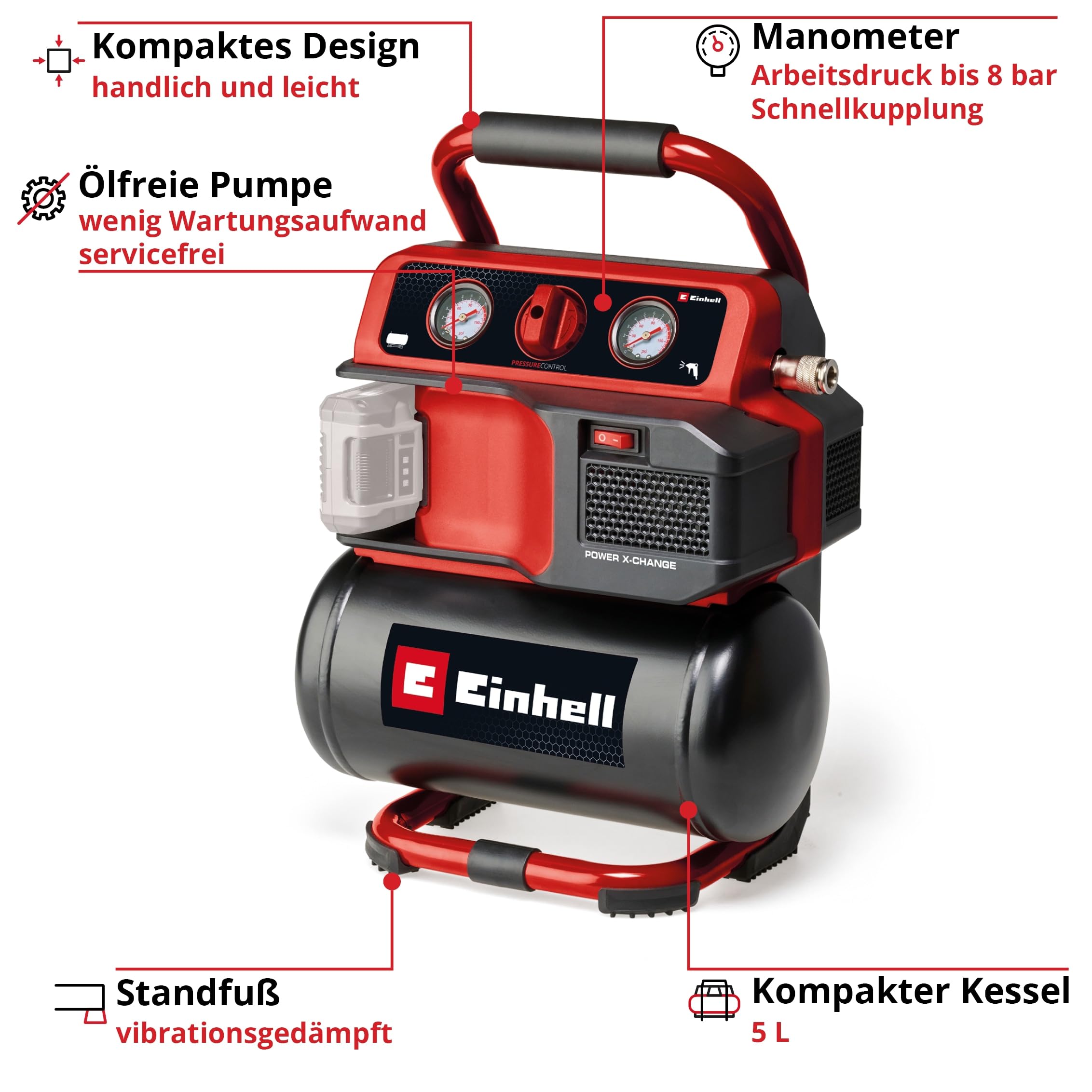 Einhell Kompresor akumulatorowy TE-AC 18/75 Li OF-Solo Power X-Change (18 V, maks. 8 bar, 5 l zbiornik, moc ssania 75 l/min, 2 manometry, bezolejowy, bez akumulatora)