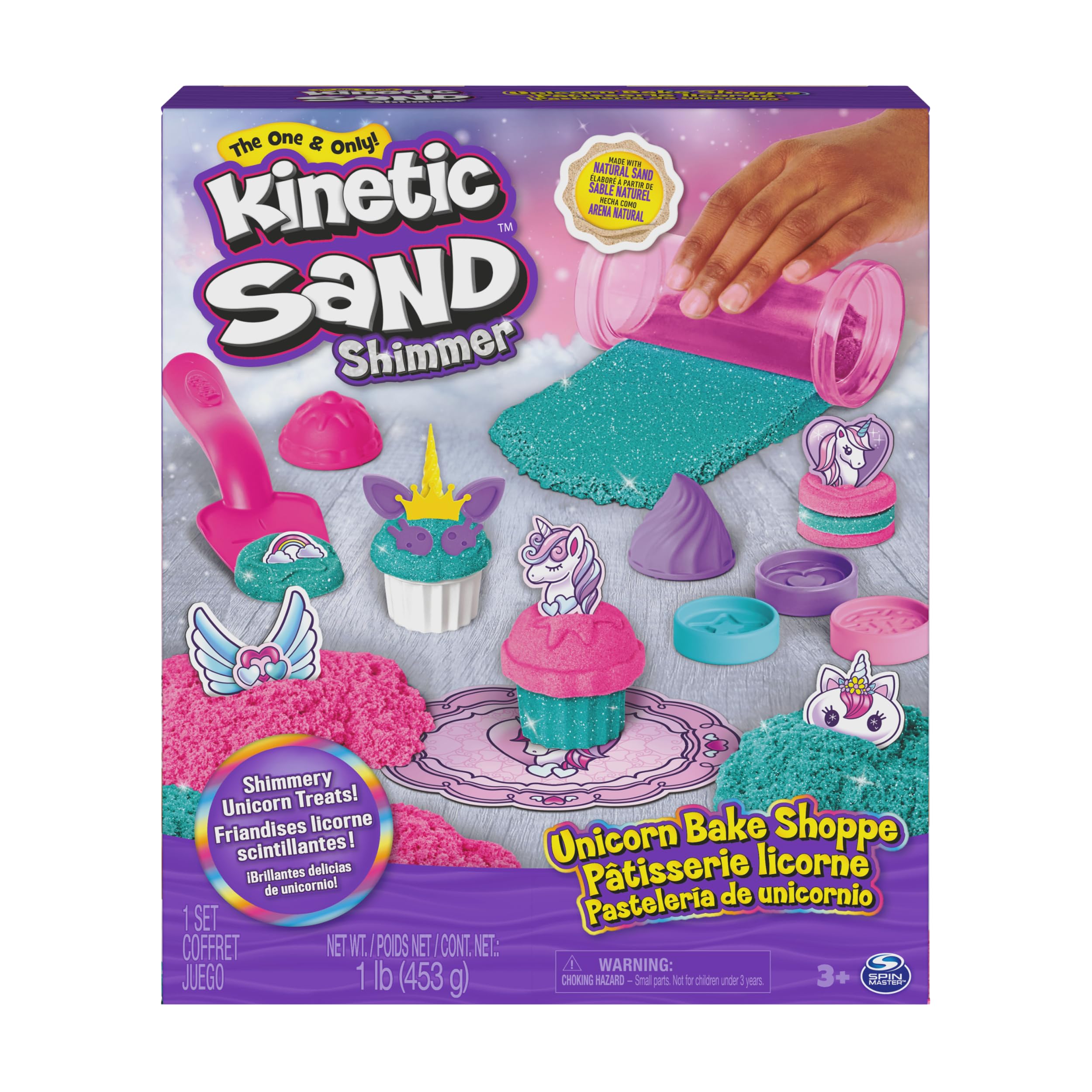 Kinetic Sand Shimmer, Set di Gioco Laboratorio di Pasticceria Unicorni, 453 g di Sabbia Cinetica, Verde Acqua Luccicante e Rosa, 8 Attrezzi Unicorno, Giocattoli Sensoriali per Bambini, 3+ Anni