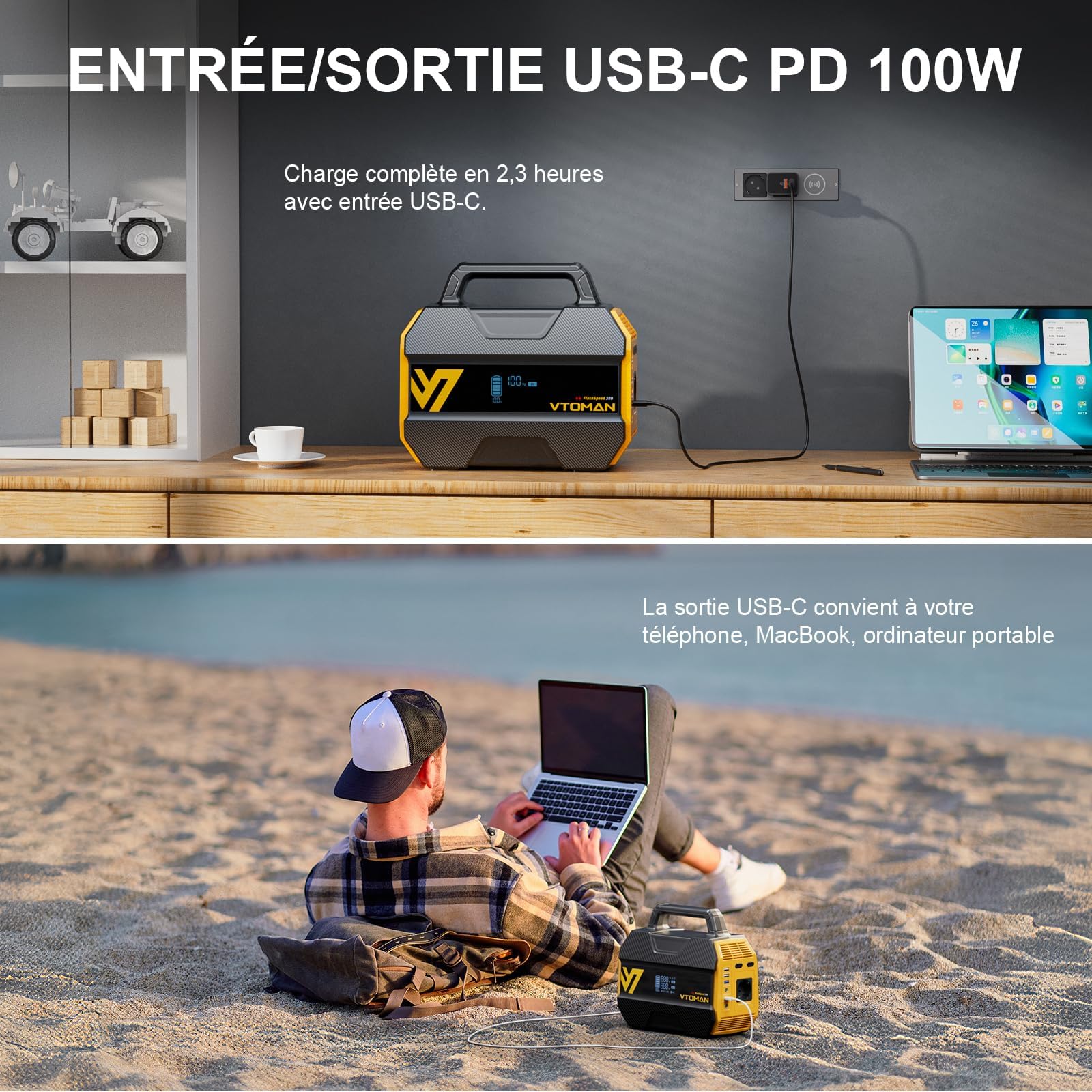 VTOMAN FlashSpeed 300 Station Électrique Portable, LiFePO4 230Wh, 3,18 kg | 300W (Pico 600W) Charge Rapide, Générateur Solaire, Sorties 100W USB-C/230V AC pour Camping, Domestique, Pêche