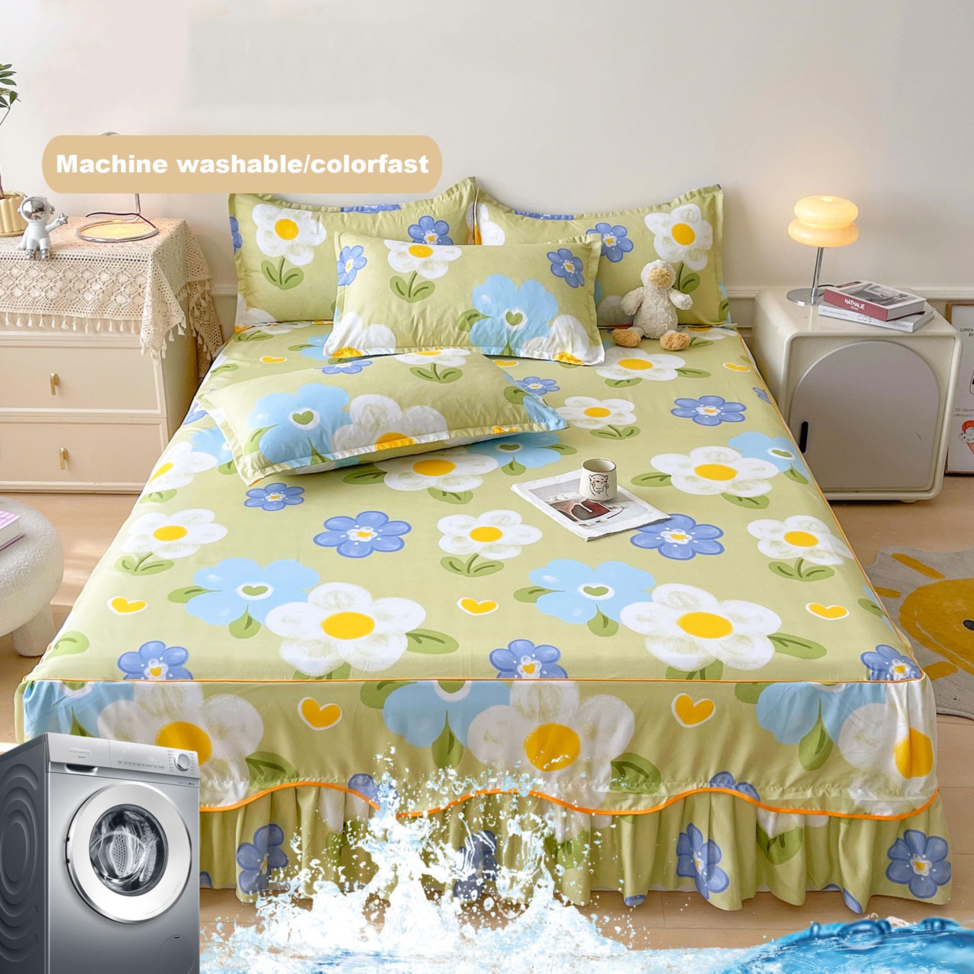 Falda de Cama Floral Vintage, Colcha De Doble Capa con Volantes