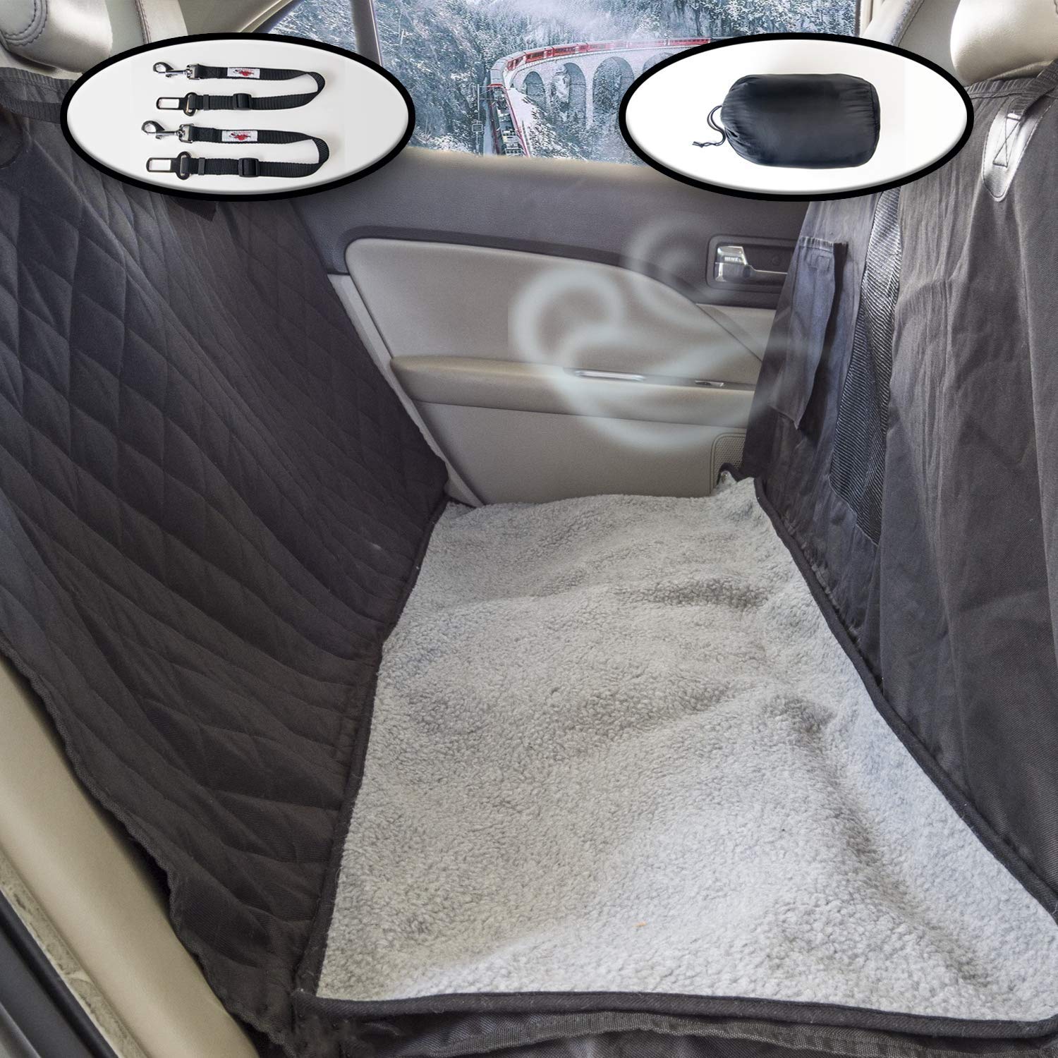 Ultimate Pet Seat Cover and Dog Hammock Features Washable Fleece Mat, Mesh Window and Metal Buckles - 5-Piece Set Standard Gray