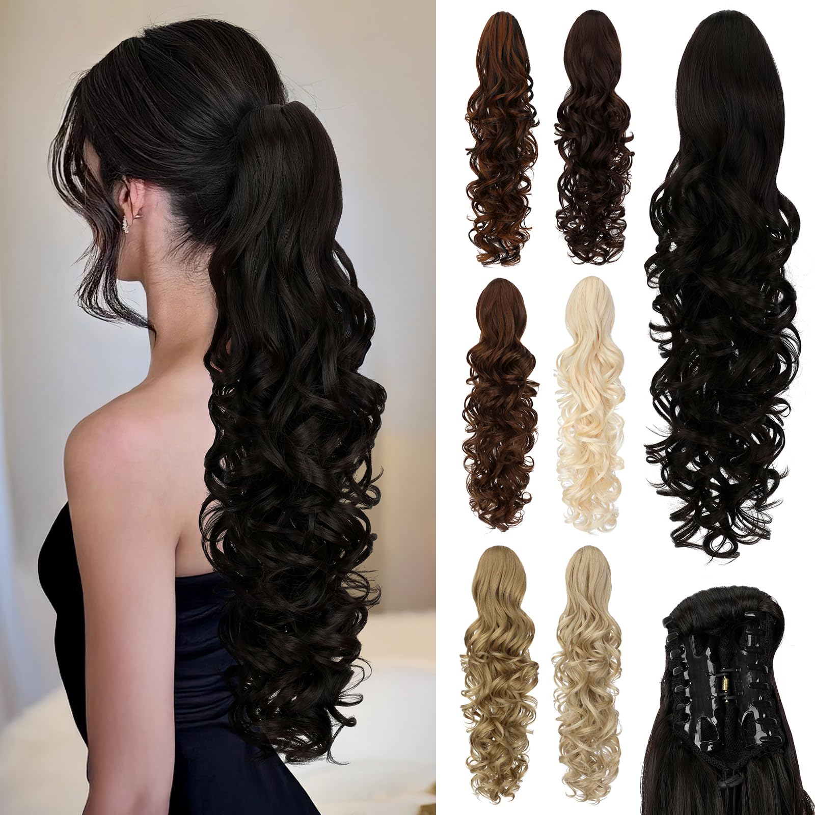Cephermer Ponytail Extension, 24" Claw Clip in Ponytail Extensions Long Curly Wavy Ponytails Hair Extension Jaw Clip on Pony Tails Hairpiece for Women