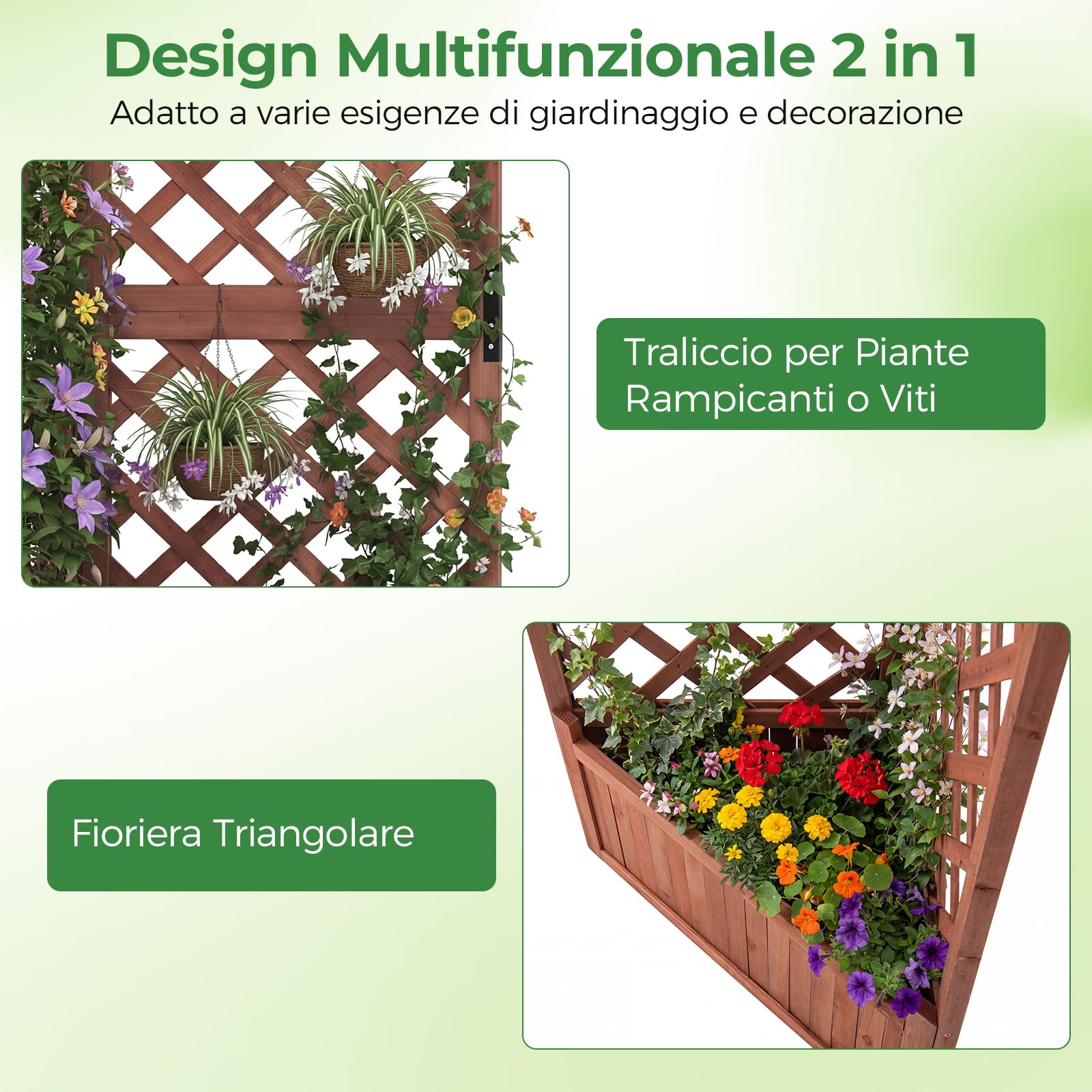 RELAX4LIFE 2 IN 1 Fioriera da Esterno, Orto Rialzato da Esterno in Legno di Abete con Grigliato, Drenaggio, Fioriera Angolare per Piante Rampicanti, Orto, per Balcone e Giardino, 55x55x140cm (Marrone)