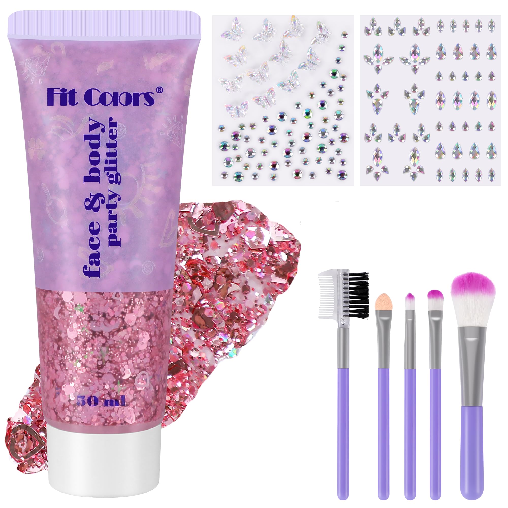 DazSpirit 50ml Body Glitter Gel Blau mit 2x Glitzersteine Selbstklebend | Beinhaltet Pinsel, DIY Strasssteine Gesicht Festival, Sequins Chunky Glitzer Gel und Steine für Make Up, Gesicht, Körper