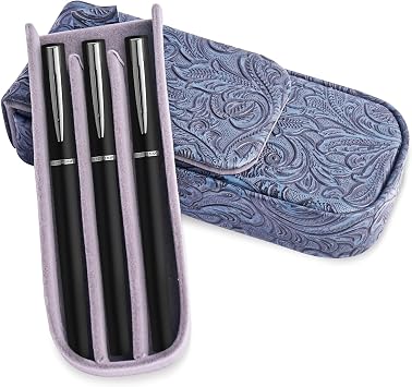 Leather Triple Pen Case Pencil Pouch Holder for Three Fountain Ballpoint Rollerball Pens and Pencils Gift Choice for Man/Woman/Office1-Carved3 Dark Blue