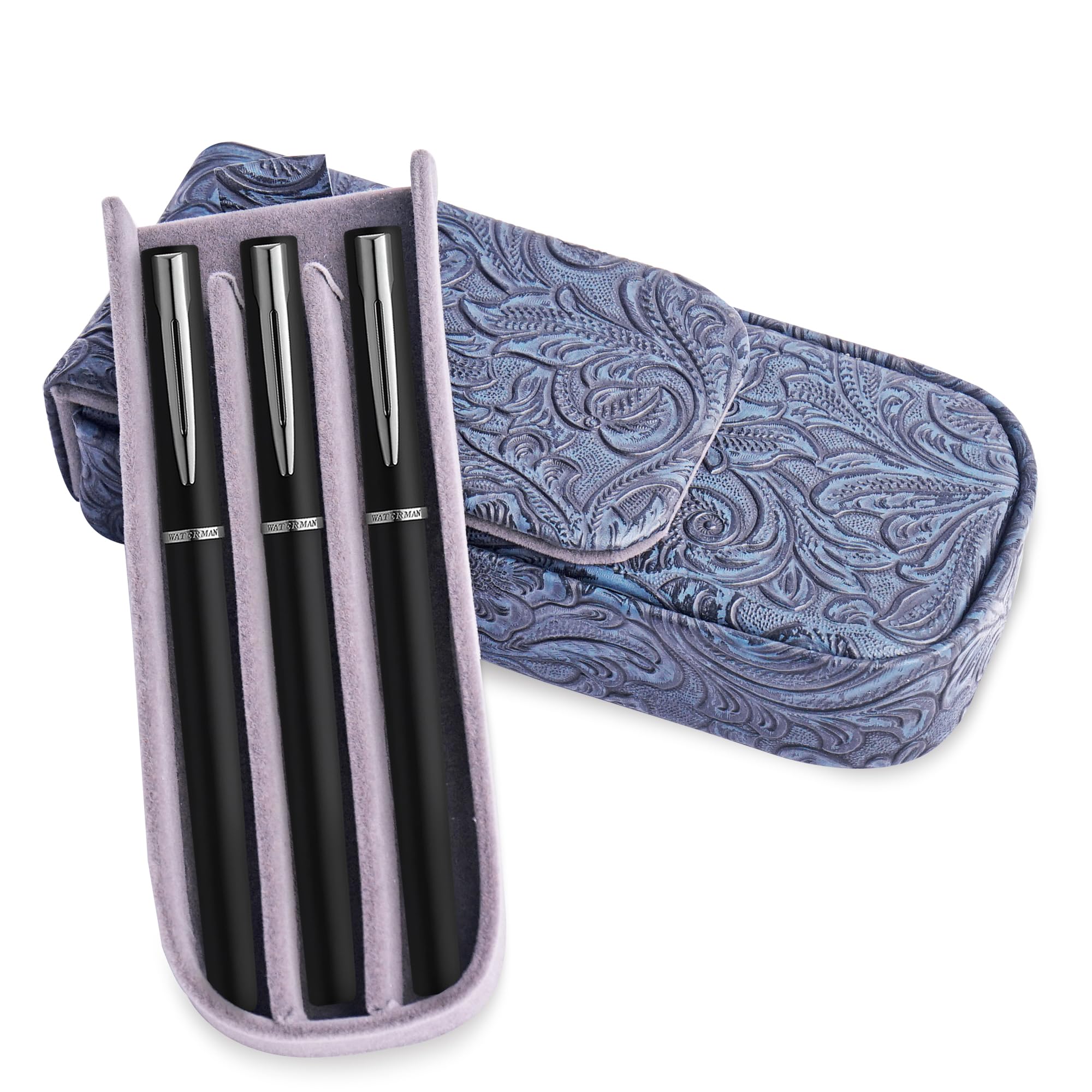 Mtzmy Leather Triple Pen Case Pencil Pouch Holder for Three Fountain Ballpoint Rollerball Pens and Pencils Gift Choice for Man/Woman/Office(1-Carved3 Blue)