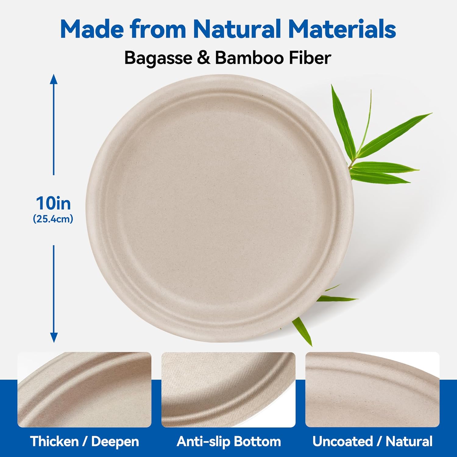 10 Inch Heavy Duty Paper Plates 150 Pack – Compostable, Eco-Friendly, Biodegradable Sugarcane & Bamboo Fiber, Sturdy Disposable Plates for Party, Camping & Everyday Use