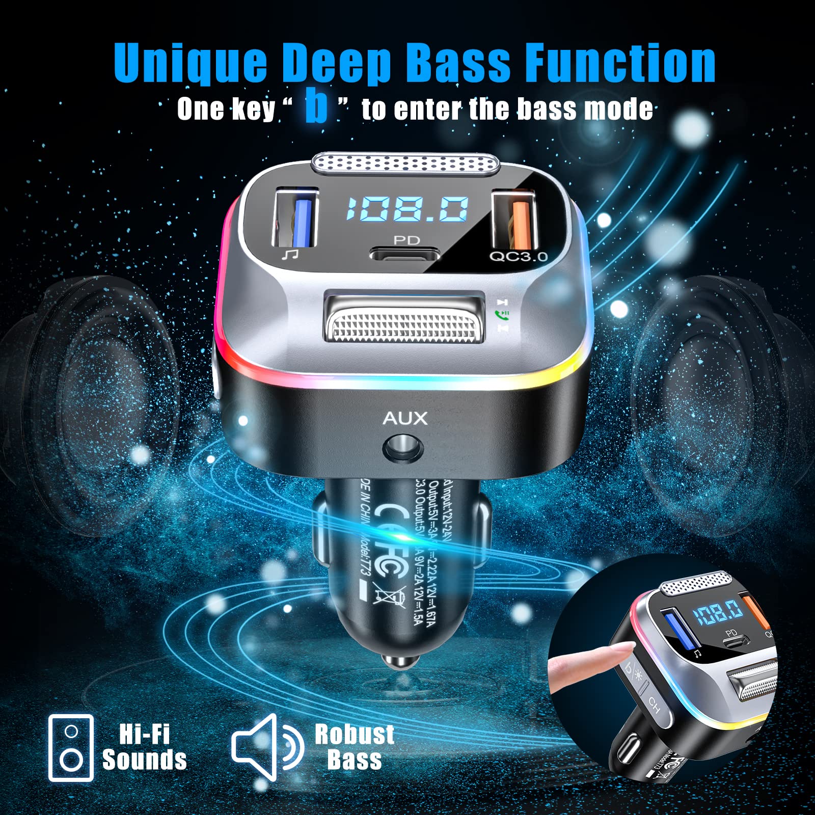LENCENT Samochodowy Nadajnik FM Bluetooth 5.0, 20W Szybkie ładowarka Samochodowa PD+QC3.0, Adapter Radiowy Bluetooth AUX, Duży Mikrofon, Basy HiFi Obsługa Zestawu Głośnomówiącego Siri Asystent Google