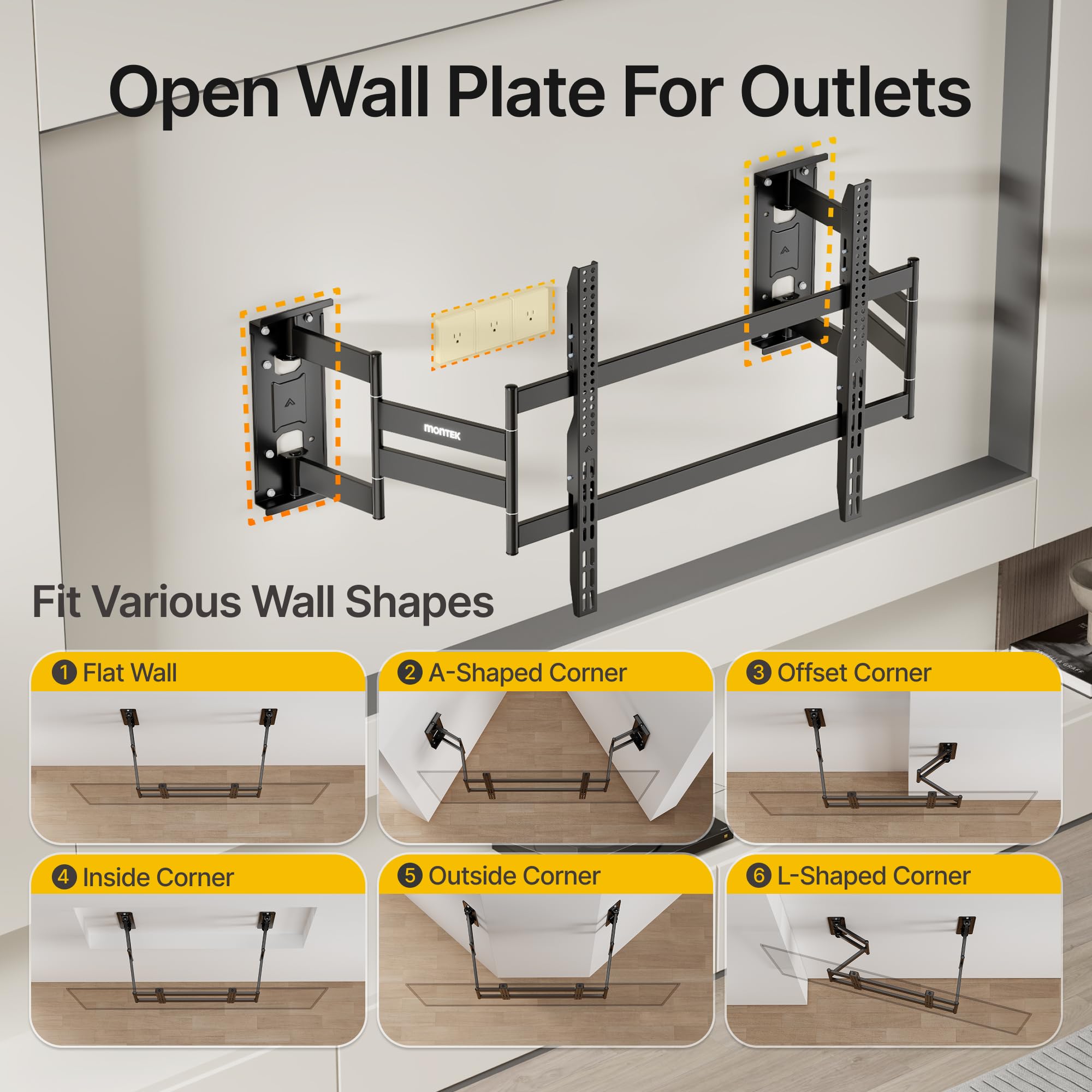 monTEK Soporte de pared de esquina resistente para televisores grandes de 65 a 100 pulgadas, soporte de TV de movimiento completo con brazo articulado de 19.3 pulgadas de largo, brazo de pared doble