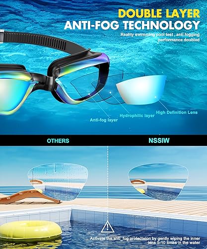 Miniatura 6 de NSSIW Gafas de natación para adultos, para hombres y mujeres antivaho sin fugas y campo de visión ultra ancho, paquete de 3