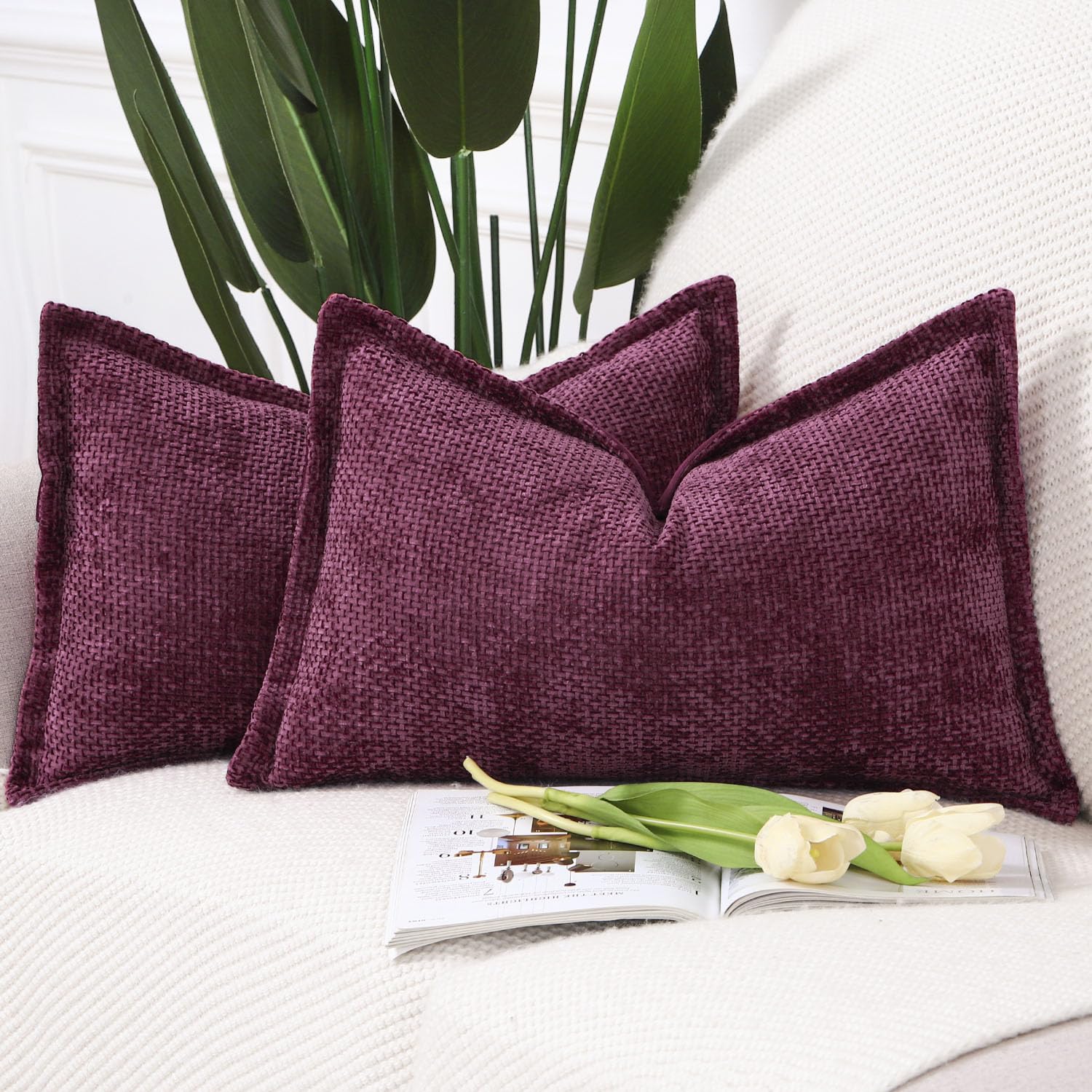 Madizz Set of 2 Chenille Velvet Cushion Covers with Flange Soft Boho Textured Throw Pillow Covers Broadside Pillowcases Modern Farmhouse Home Decor for Sofa Bedroom Burgandy 12x20 inch
